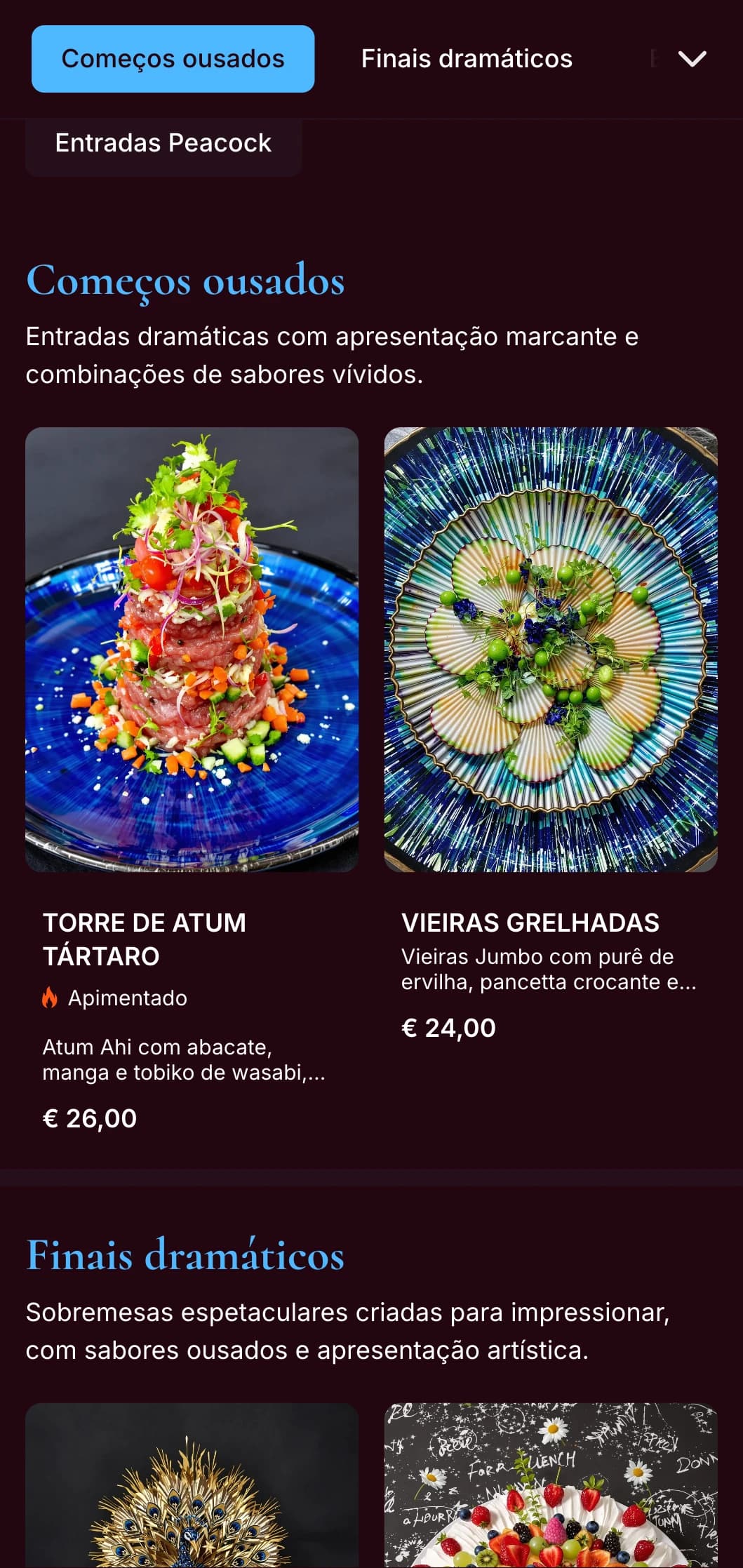 Um impressionante cardápio de jantar em azul-pavão com ricos tons de joias e estilo dramático, projetado para restaurantes com personalidade arrojada.