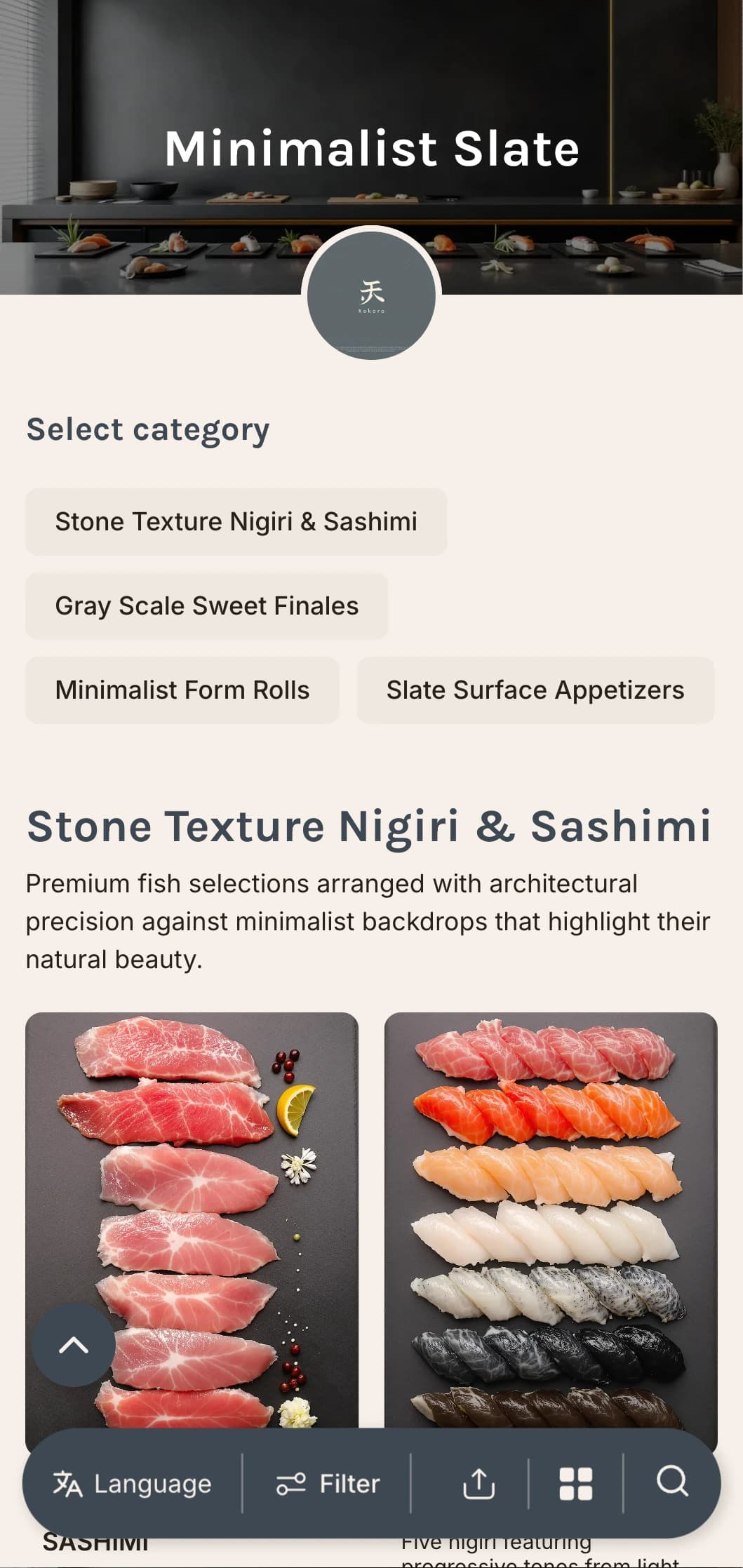 Clean contemporary sushi menu with slate gray tones and minimalist design for upscale casual venues.