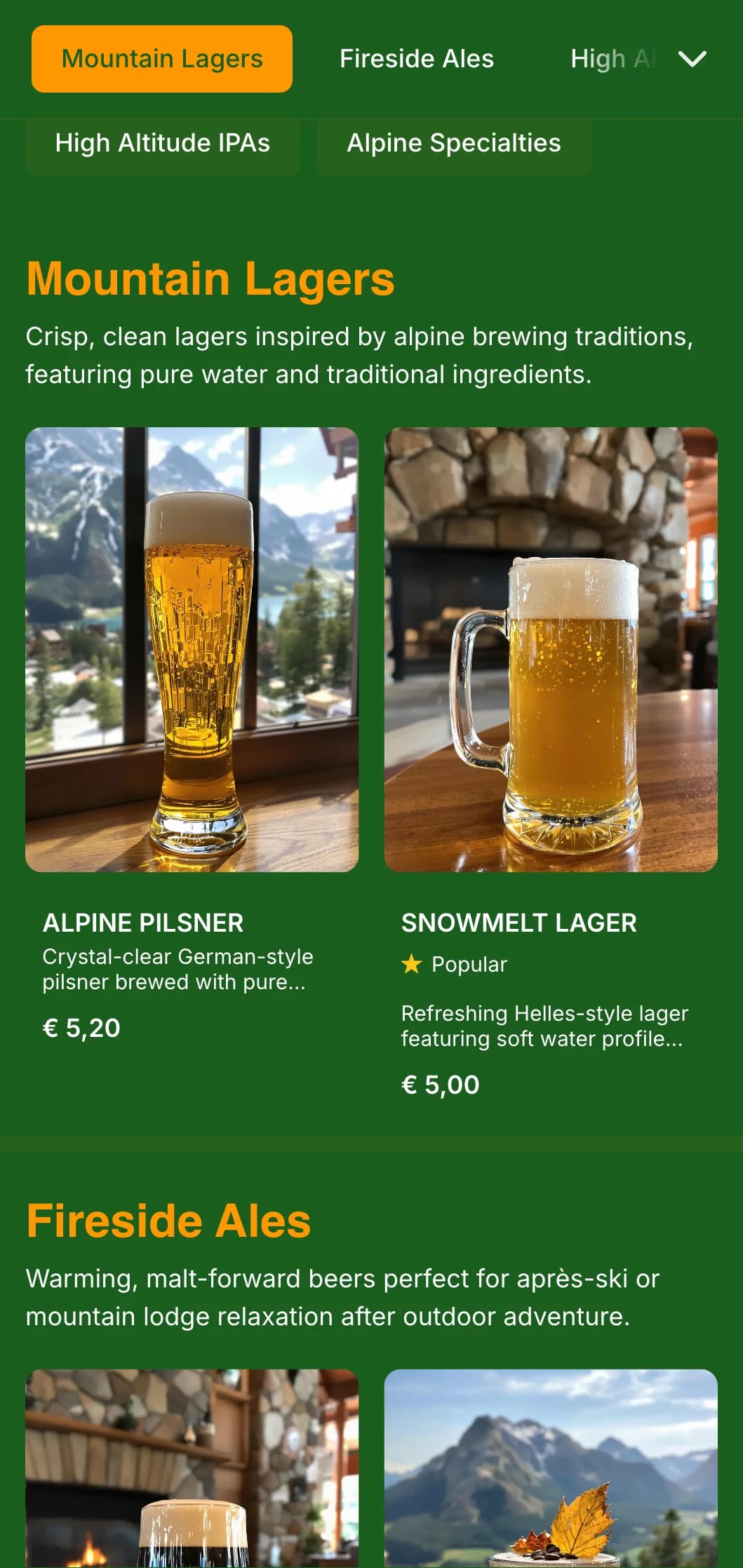 Cozy mountain lodge aesthetic with forest green tones and rustic elements, ideal for highland breweries and ski resorts.