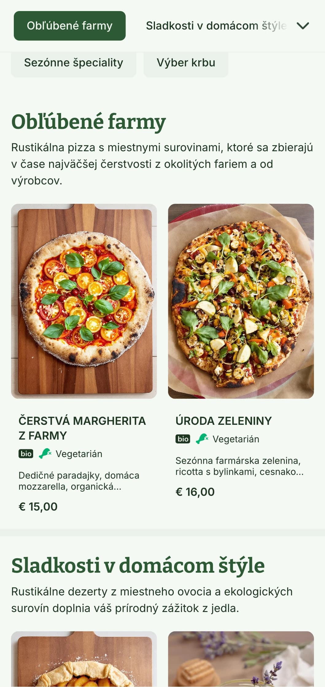 Prírodou inšpirované pizzové menu so zemitými tónmi a organickými prvkami, ideálne pre pizzerie s farmárskymi špecialitami.