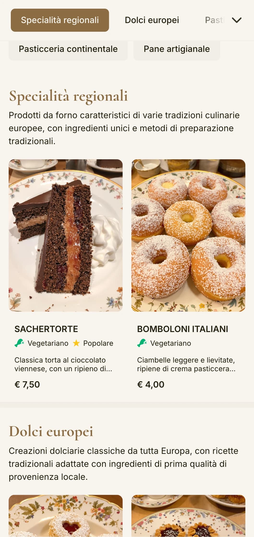 Un design sofisticato e continentale per il menu di una panetteria, con toni caldi del marrone e una tipografia elegante, perfetto per panetterie e pasticcerie in stile europeo.