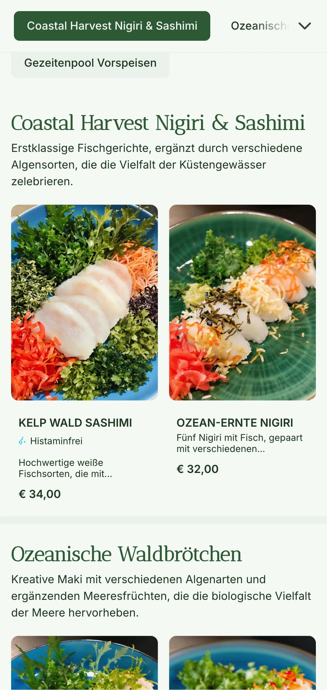 Frisches, vom Meer inspiriertes Sushi-Menü mit tiefen Grüntönen für authentische Meeresfrüchte-Restaurants.