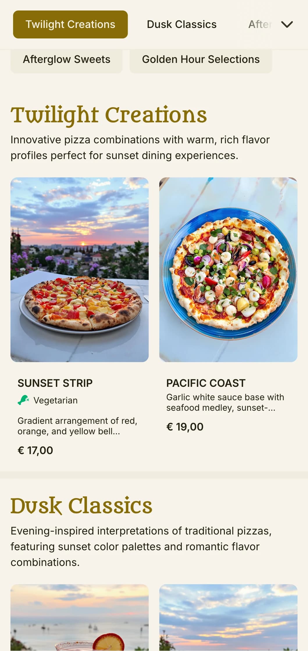 Vibrant evening-themed pizza menu with sunset color palette and romantic elements.
