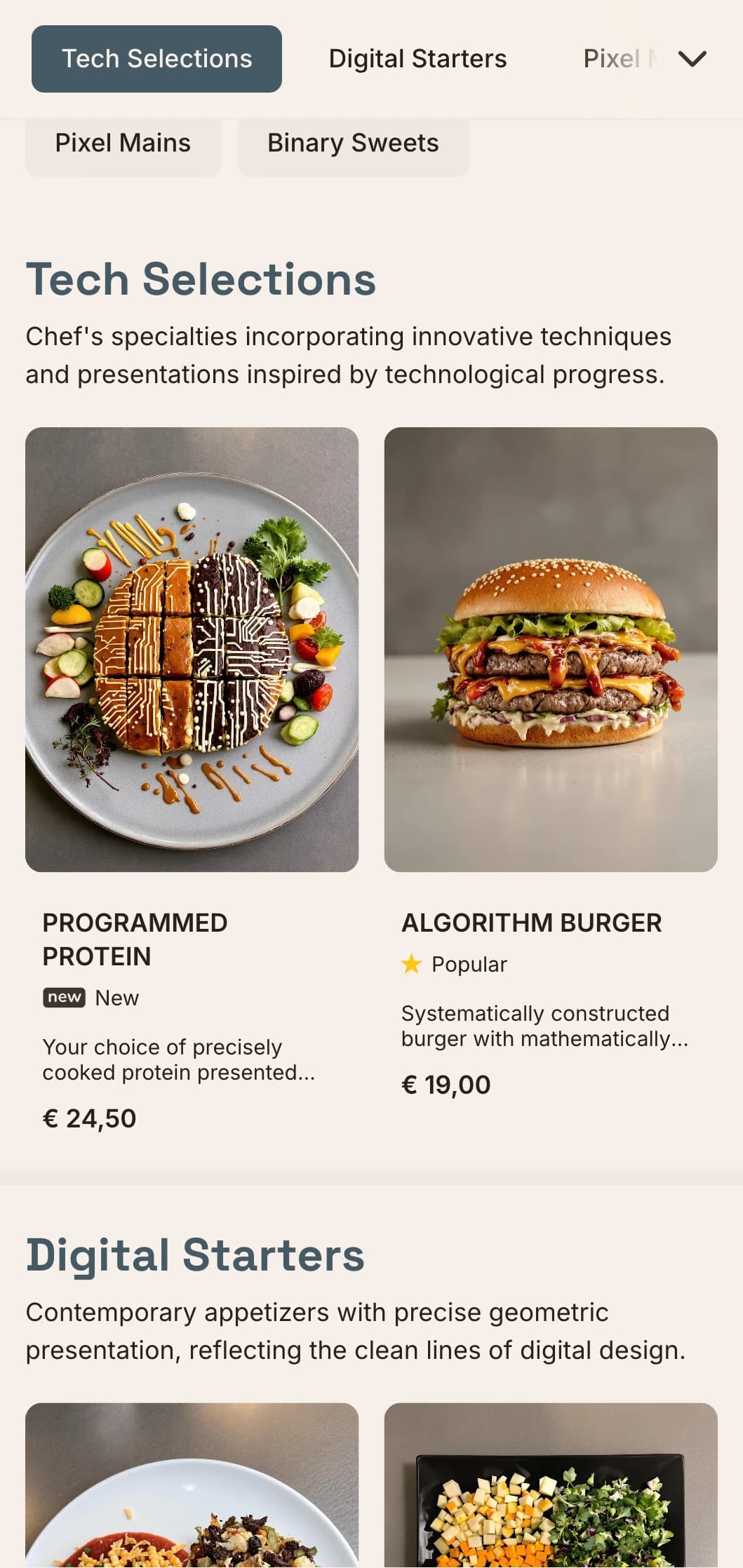 Digital-inspired lunch menu design with tech aesthetics and precise grid layout, perfect for restaurants in innovation districts and near tech companies.
