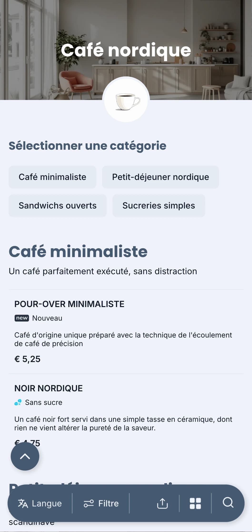 Design épuré d'inspiration scandinave avec des tons bleus froids pour les cafés modernes et minimalistes.