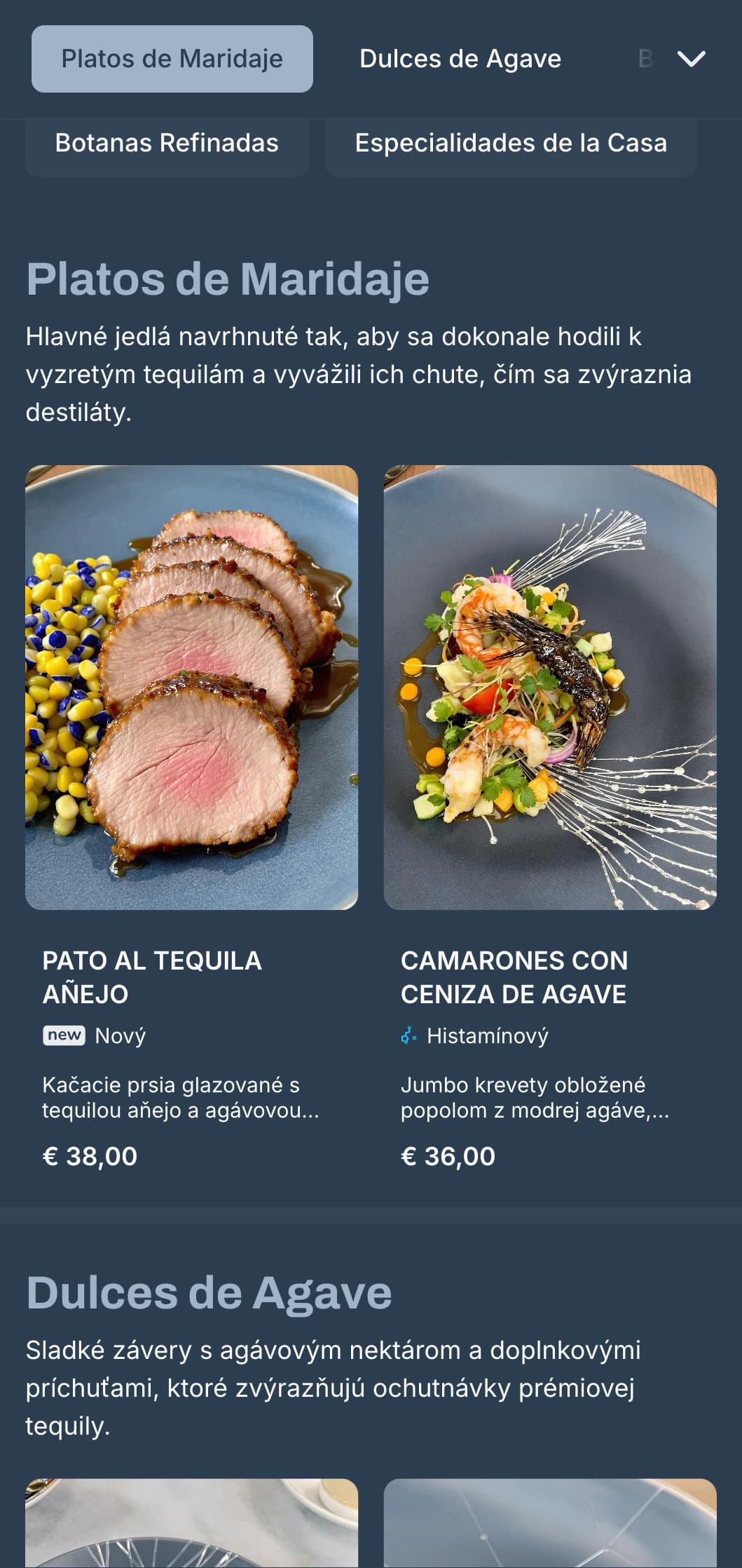 Elegantné a rafinované menu tequila baru so striebornými a modrošedými tónmi, prémiovými liehovinami a sofistikovanými mexickými malými taniermi.