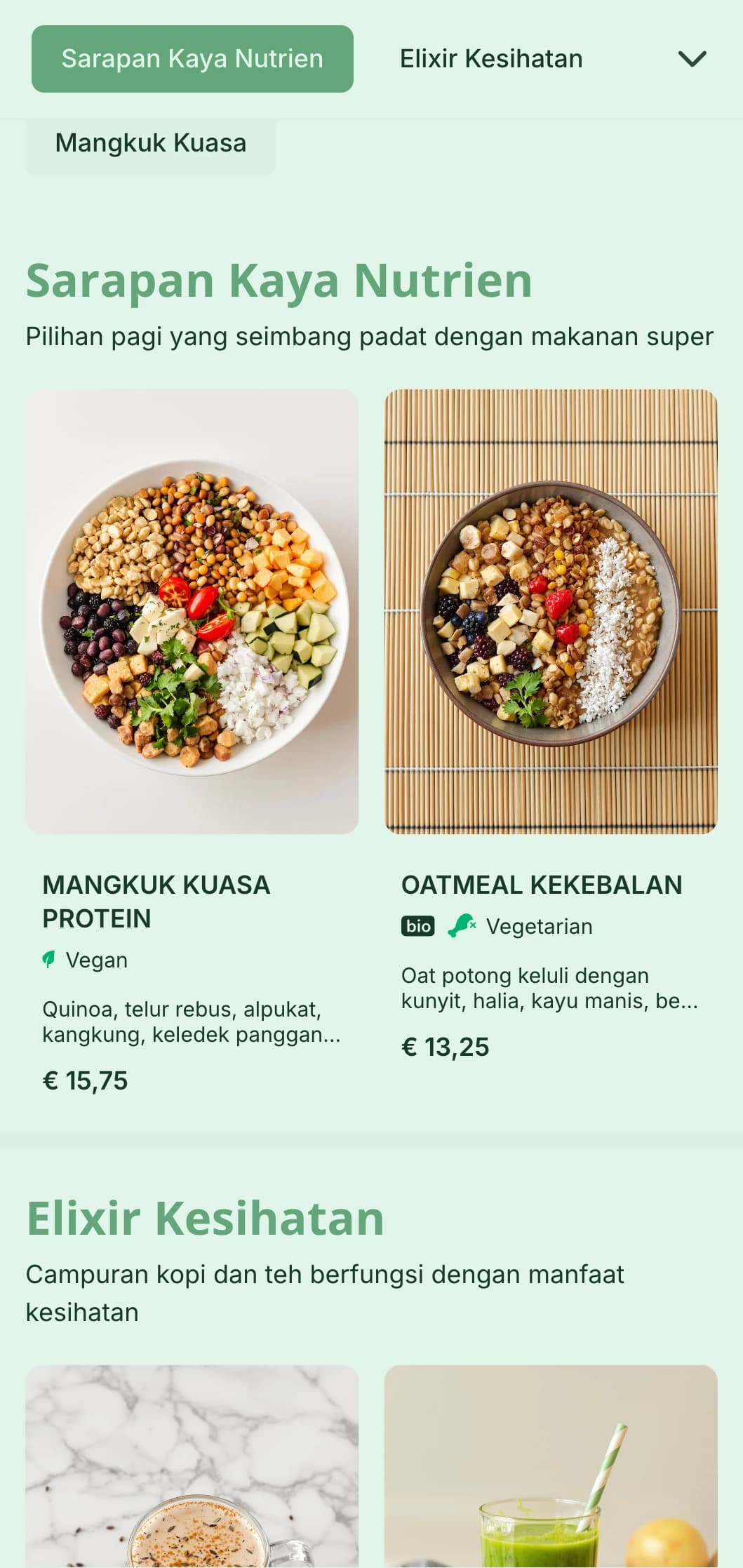 Reka bentuk hijau segar yang menekankan pilihan yang sihat untuk kafe dan bar jus yang memfokuskan kesihatan.