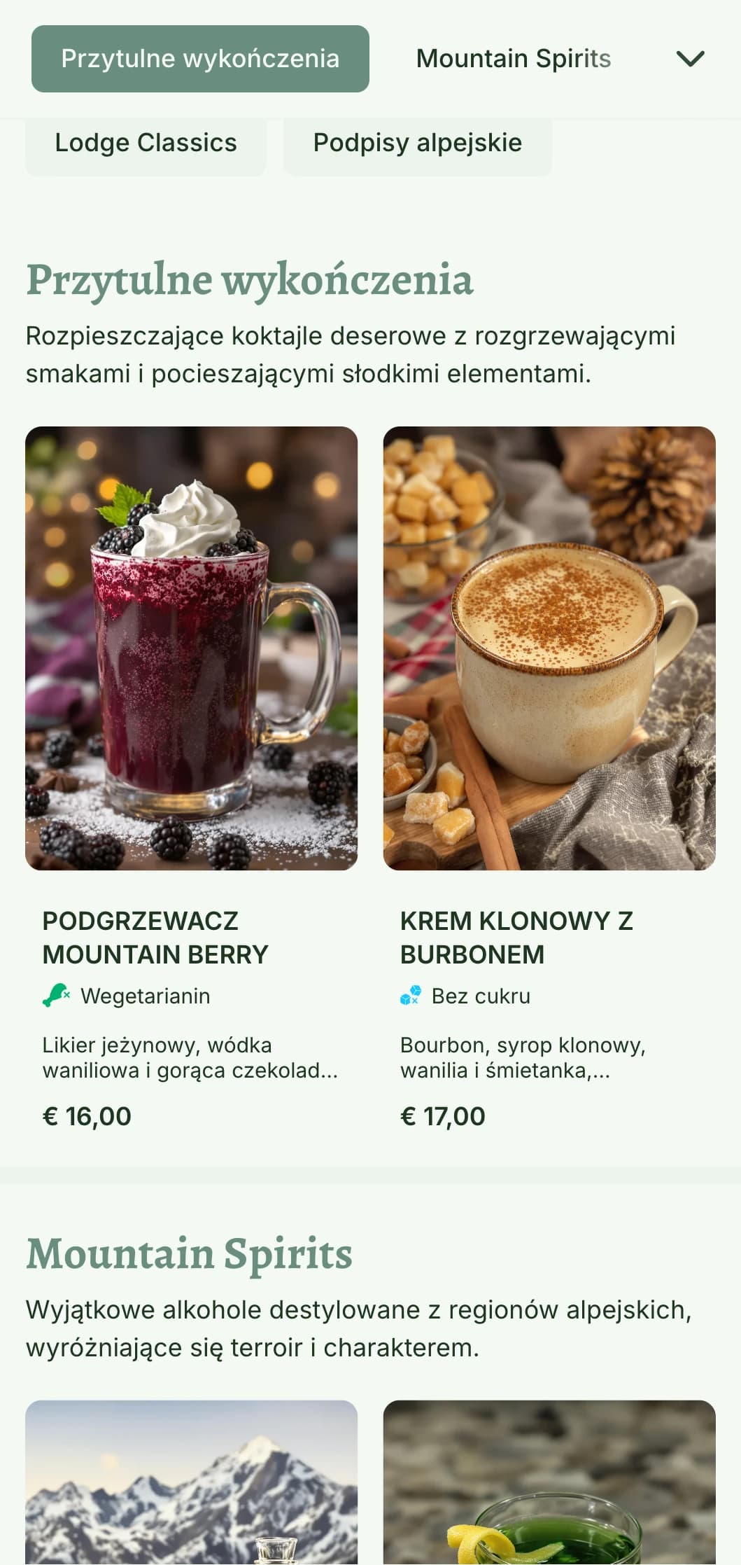 Przytulny, inspirowany górami projekt dla barów w ośrodkach narciarskich i alpejskich domków z ciepłymi, naturalnymi elementami i rustykalną typografią.