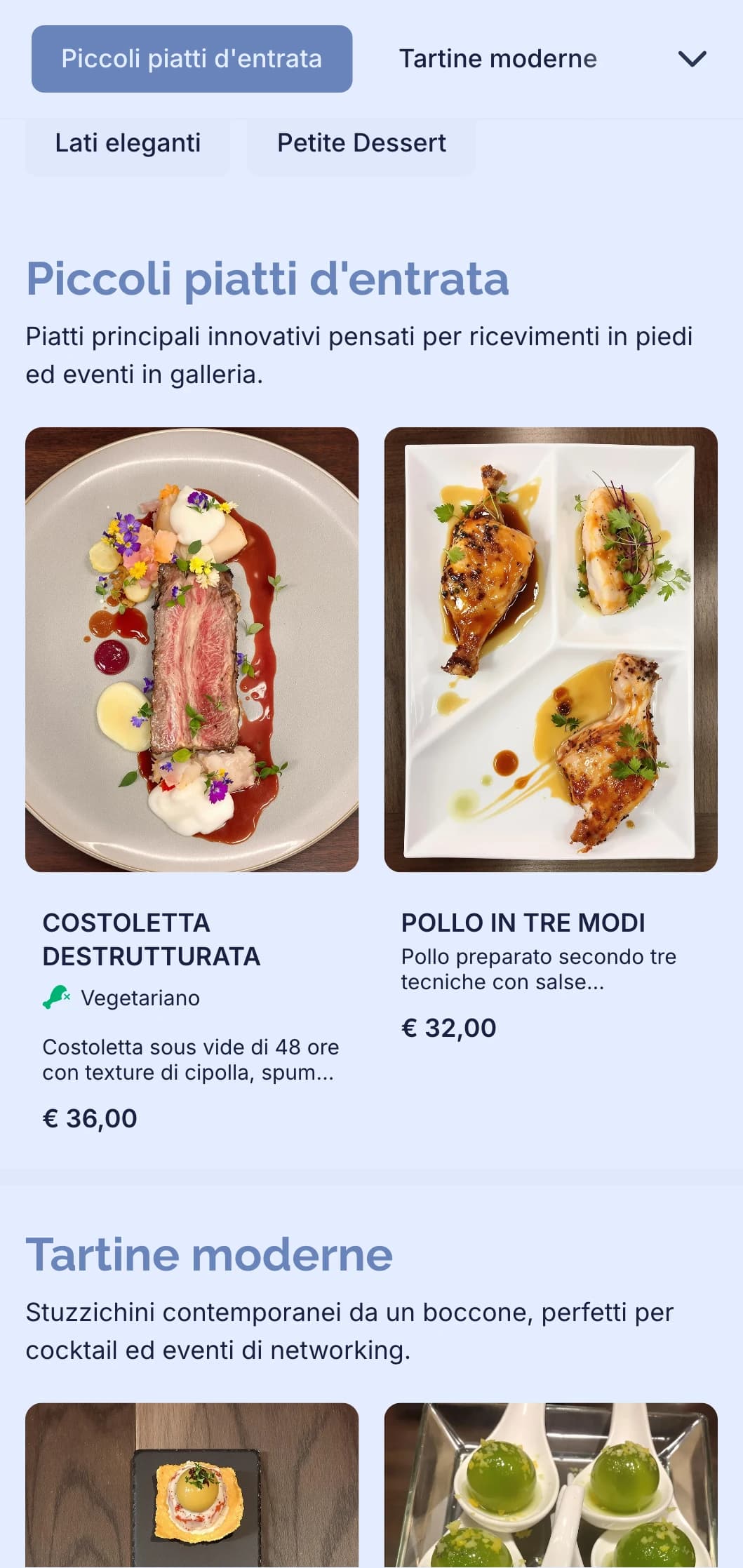 Un catering moderno ed elegante per eventi con cocktail, tartine innovative, piccoli bocconi e presentazioni contemporanee per eventi di networking e inaugurazioni di gallerie.