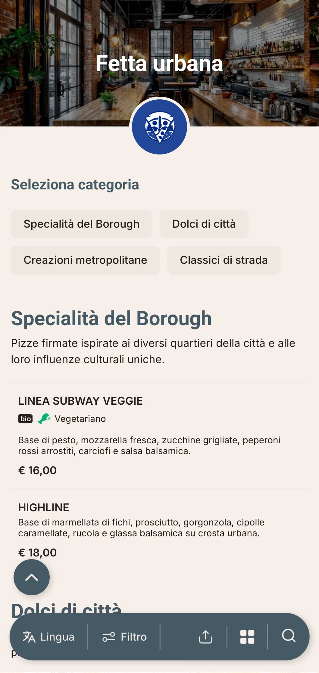 Menu pizza urbano contemporaneo con elementi di design industriale, perfetto per le pizzerie del centro città.