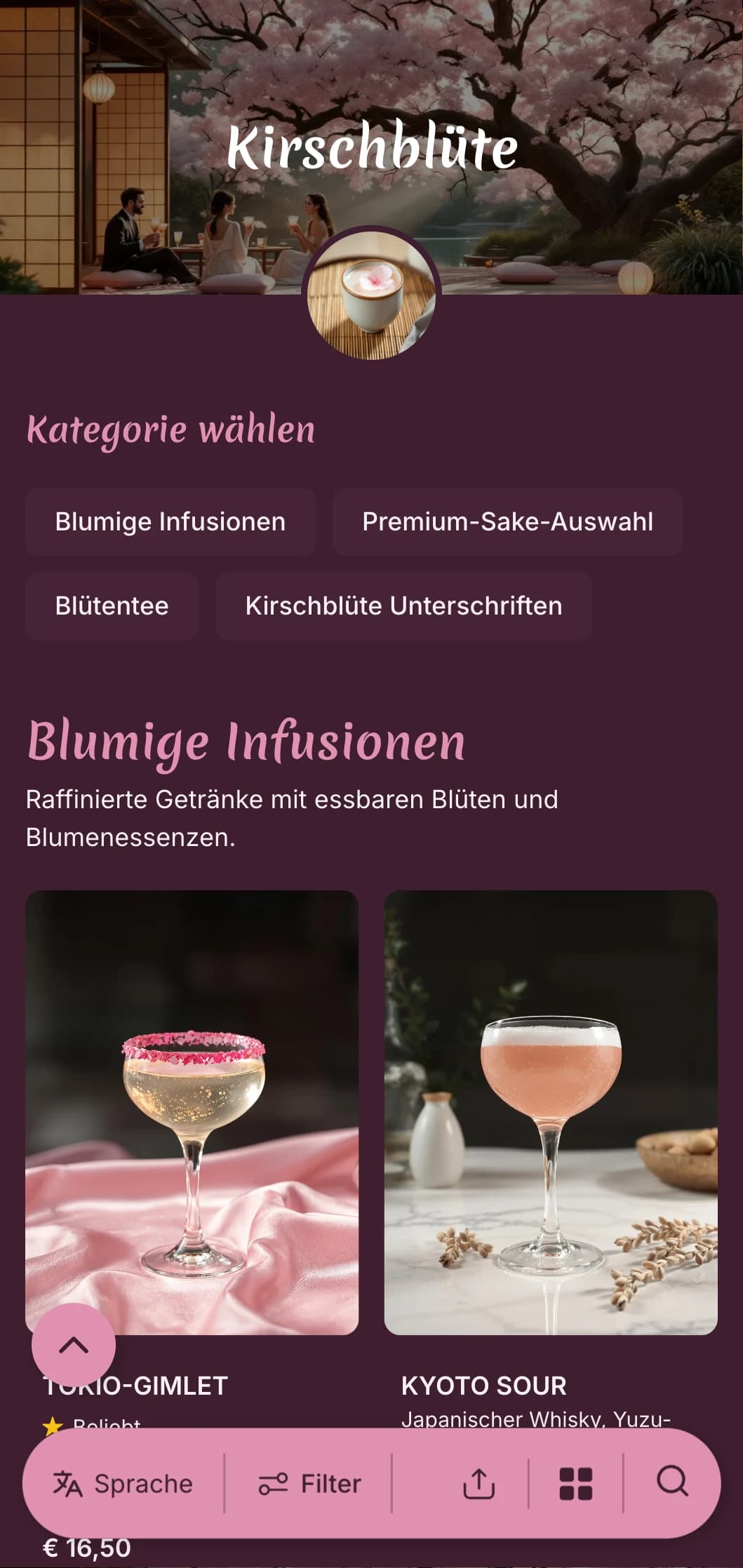 Zartrosa, floral inspiriertes Design mit japanischen Einflüssen für raffinierte Cocktailempfindungen.