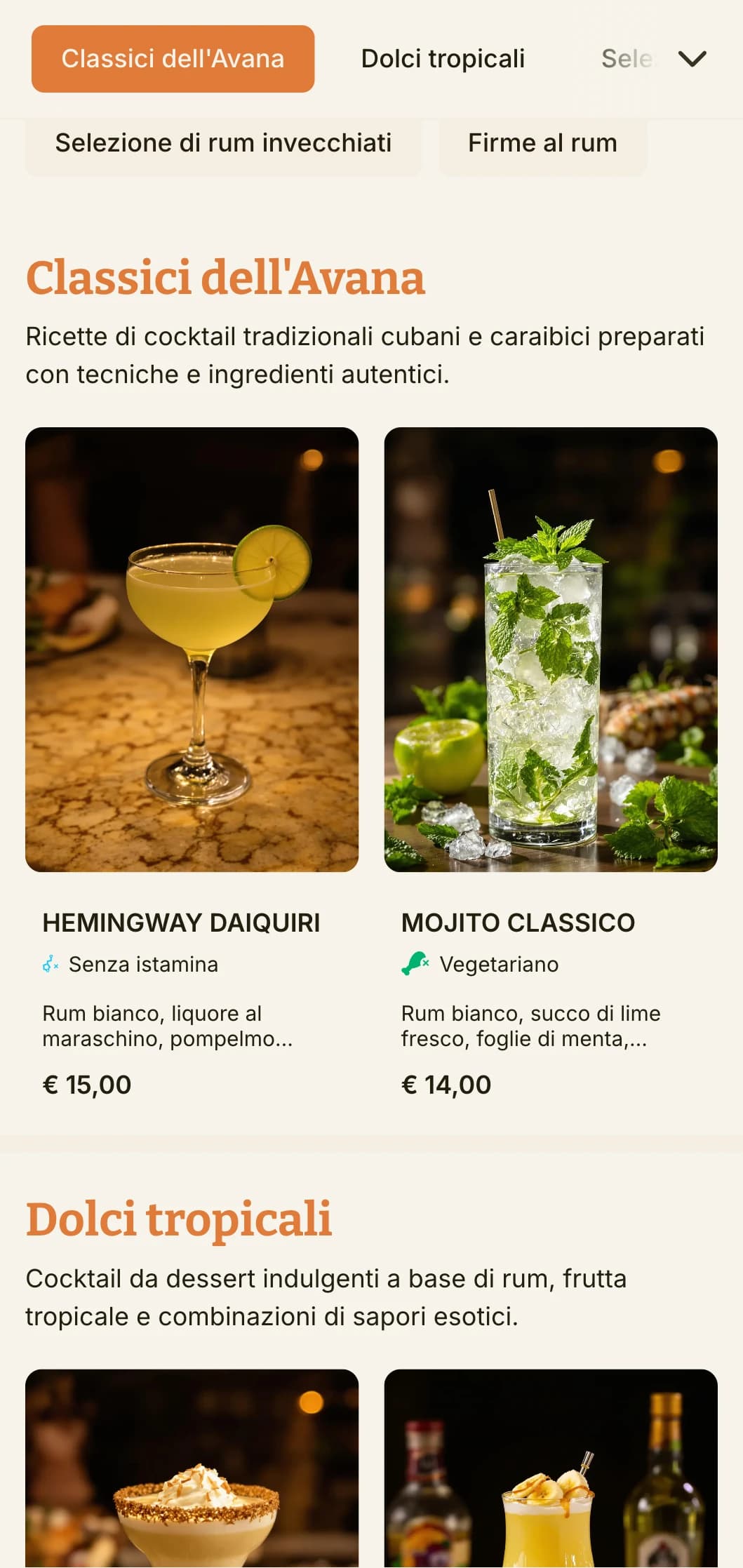 Un menu dal design vibrante e tropicale ispirato alla cultura cubana dei cocktail, perfetto per i rum bar e i locali a tema latino.