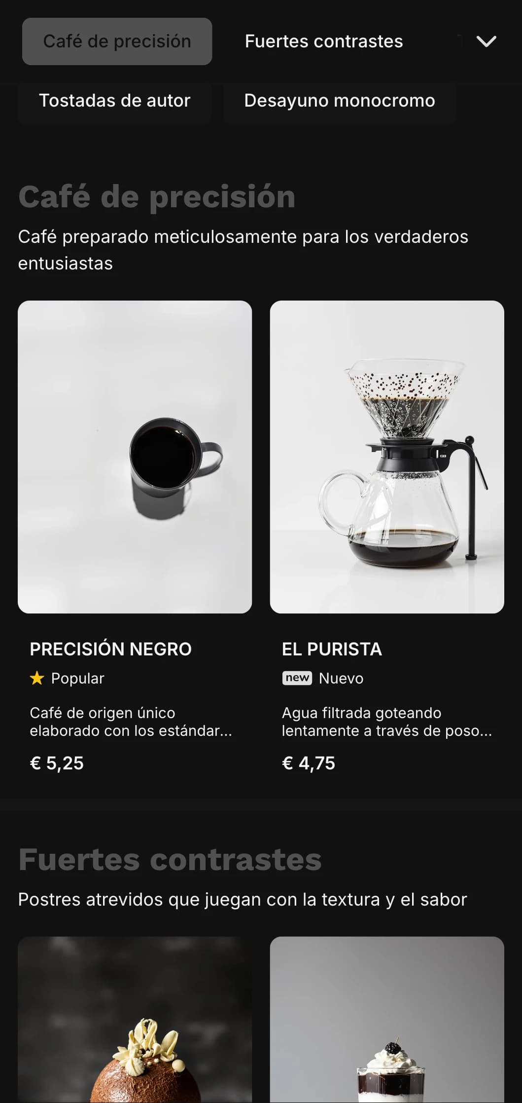 Diseño audaz en blanco y negro con tipografía fuerte para cafeterías especializadas.