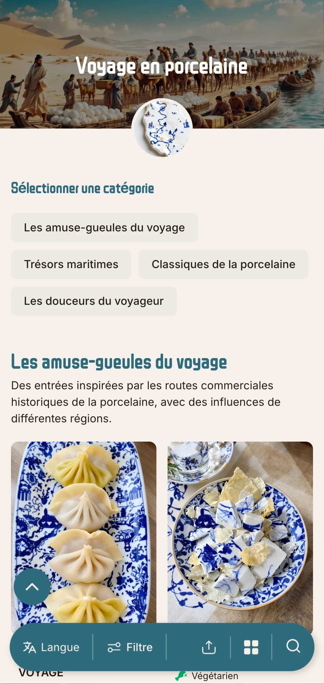 Menu chinois élégant inspiré des routes commerciales de la porcelaine, avec des éléments historiques pour une cuisine authentique.