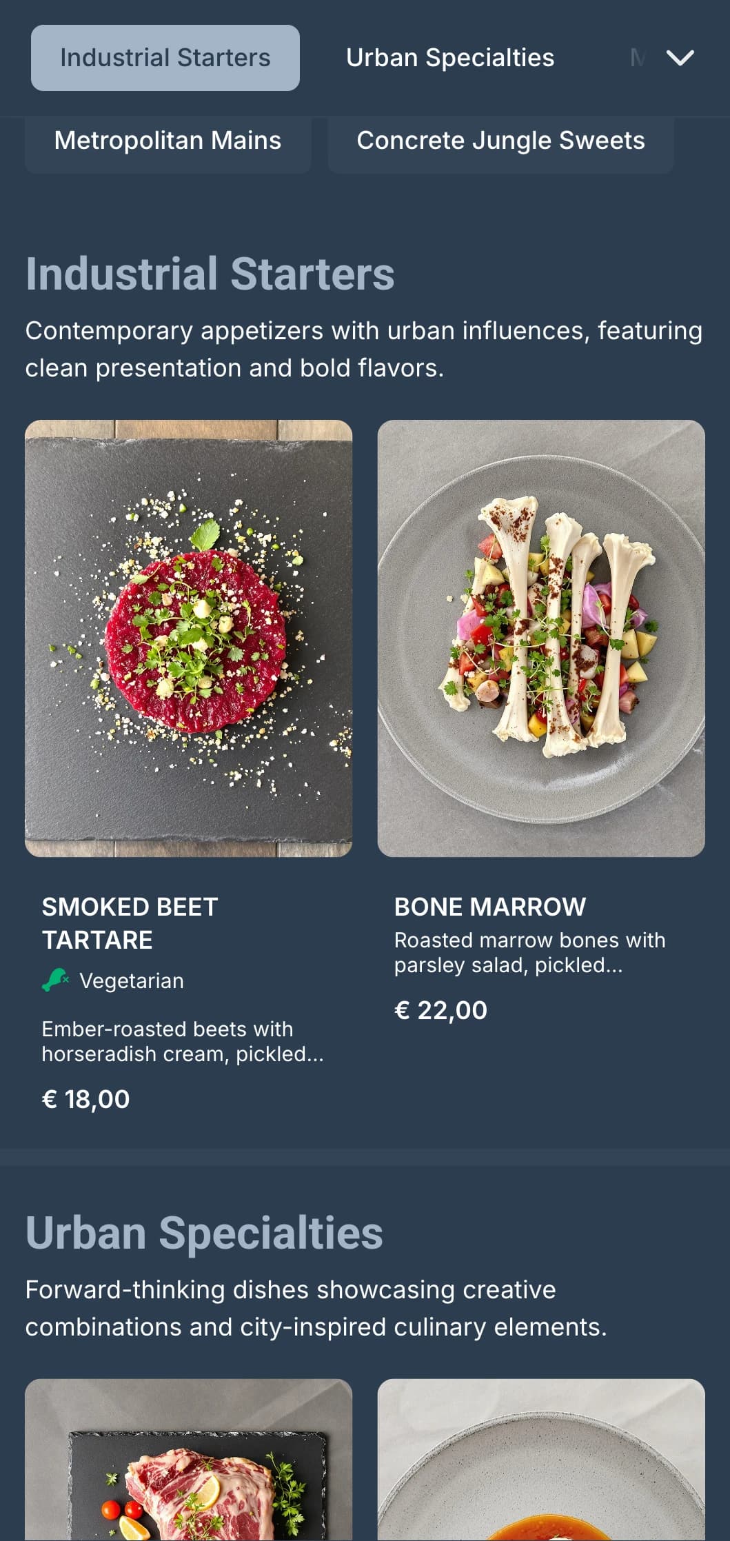 A contemporary dinner menu with industrial design elements and urban aesthetics, ideal for city gastropubs.