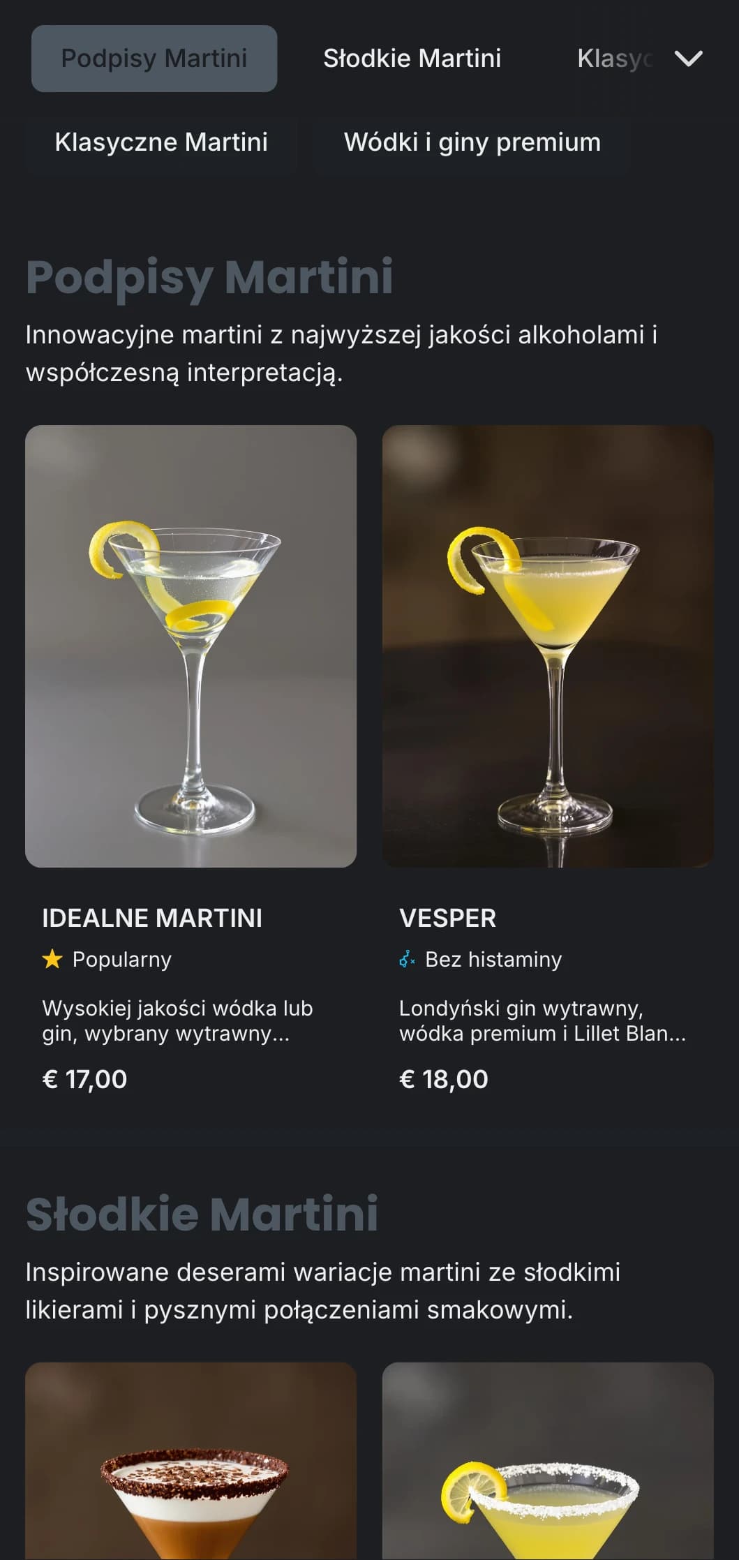 Elegancki, wielkomiejski projekt dla miejskich barów martini z chłodnymi odcieniami szarości i czystą typografią.