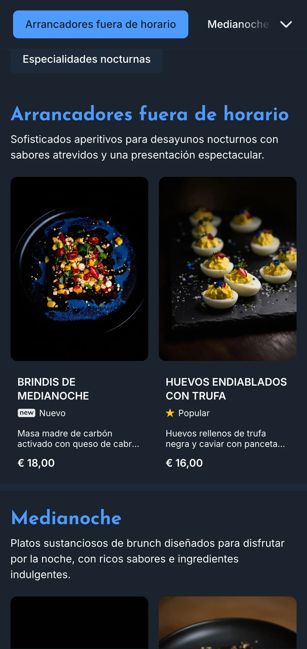 Plantilla azul intenso con acentos brillantes, perfecta para ofertas de brunch nocturno y cafés after-hours.