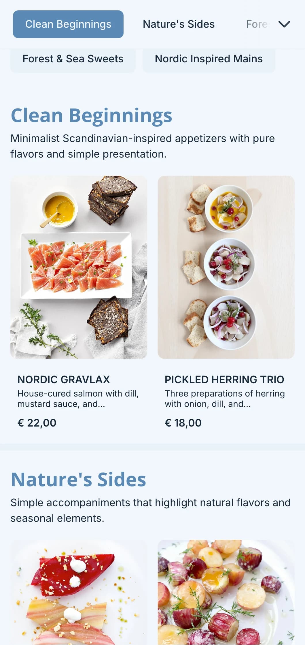 Clean Scandinavian-inspired catering with minimalist design, fermented elements, and nature-inspired presentation for modern events.