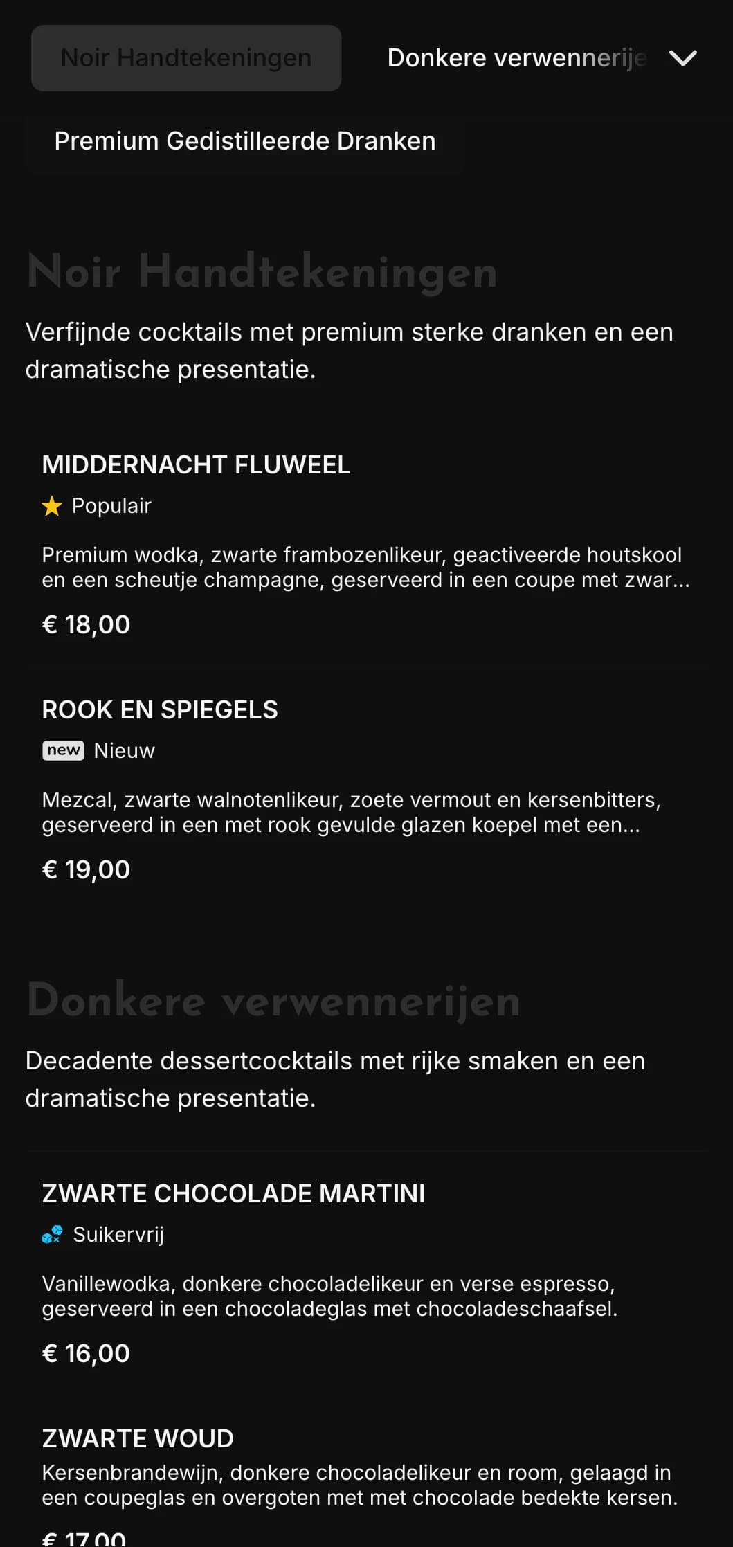 Een strak, donker ontwerp voor eigentijdse cocktaillounges en nachtclubs met contrastrijke elementen en gedurfde typografie.