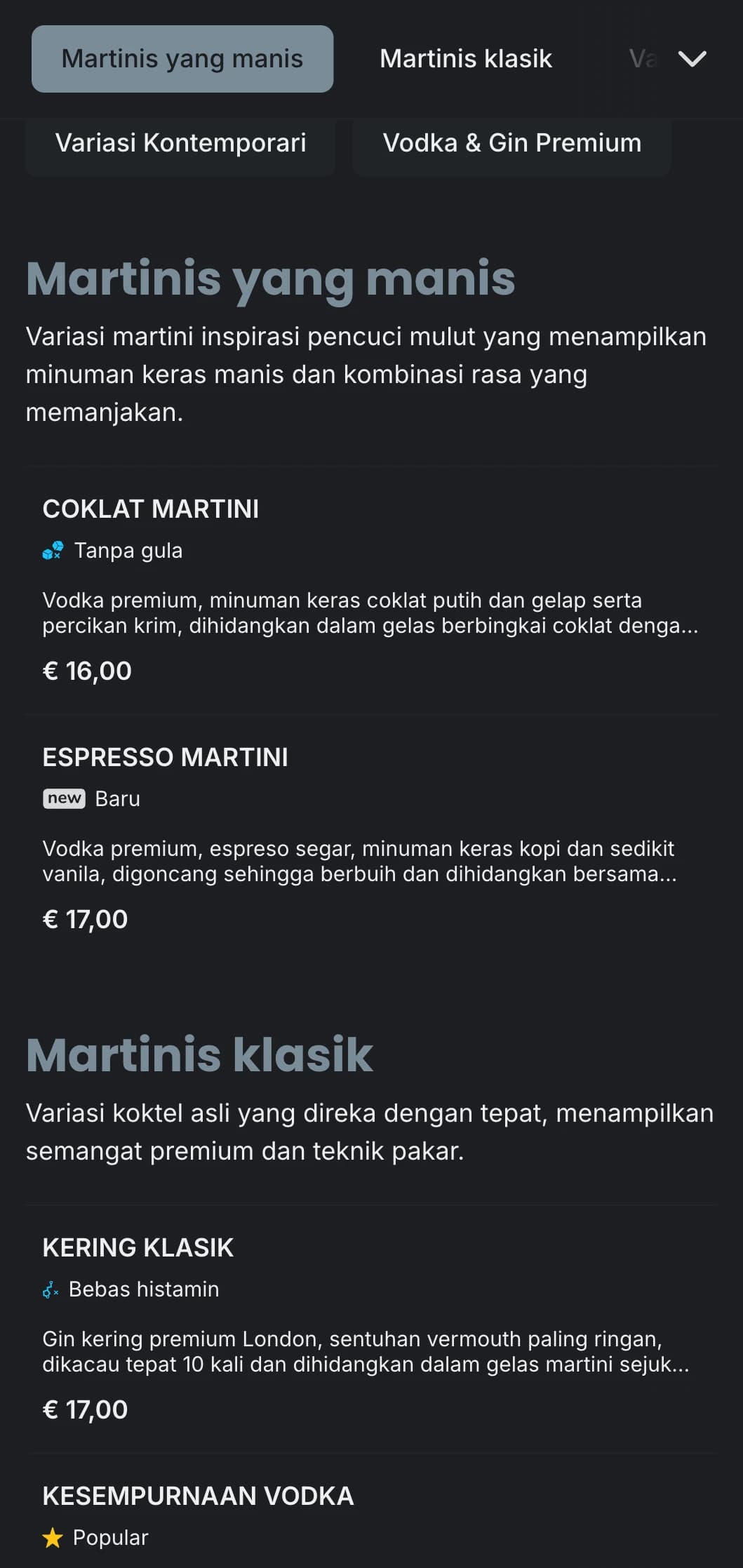 Reka bentuk menu bandar yang canggih untuk bar martini dan lounge dengan tipografi anggun dan rona kelabu yang sejuk.