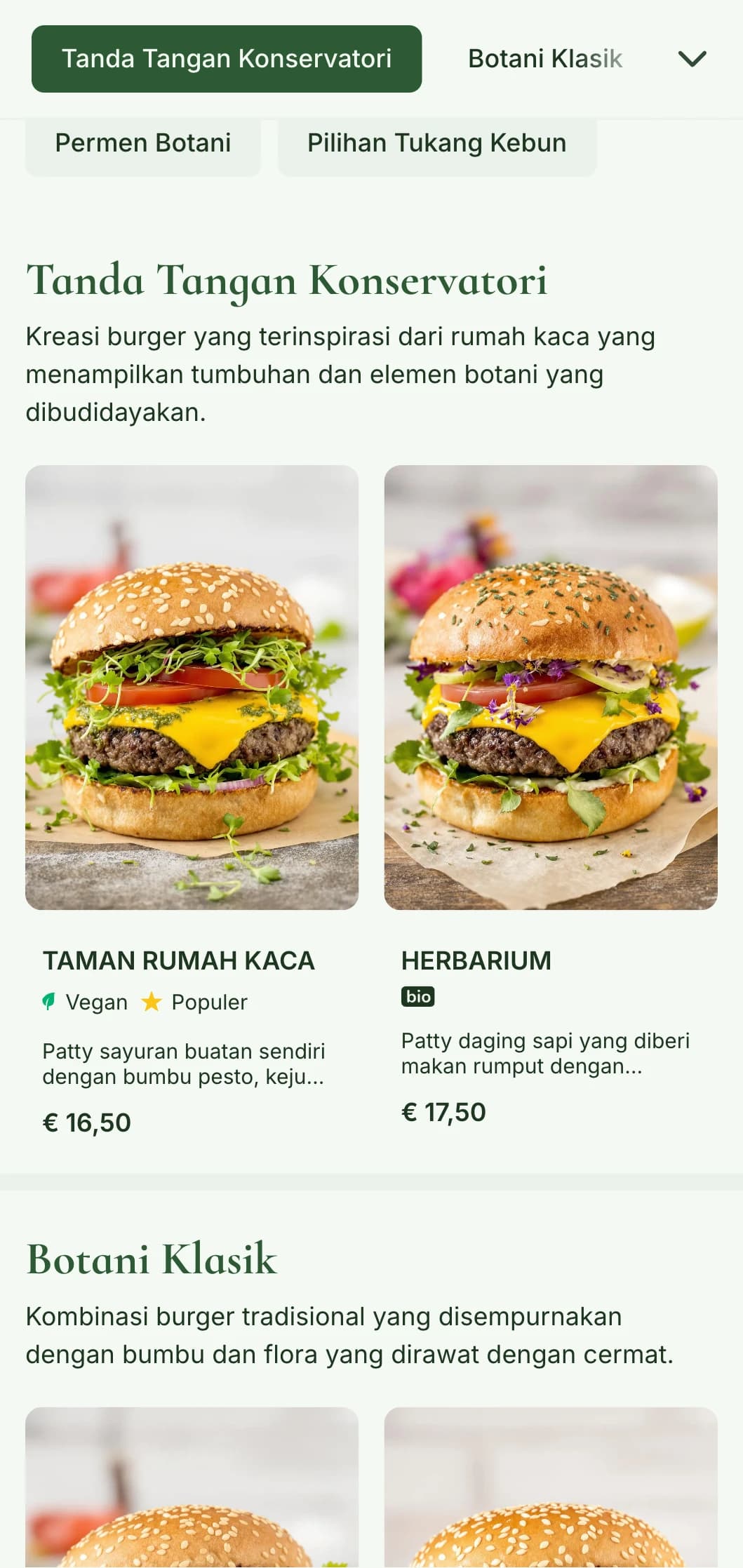 Taman burger yang berfokus pada tanaman dengan elemen rumah kaca dan ilustrasi botani.