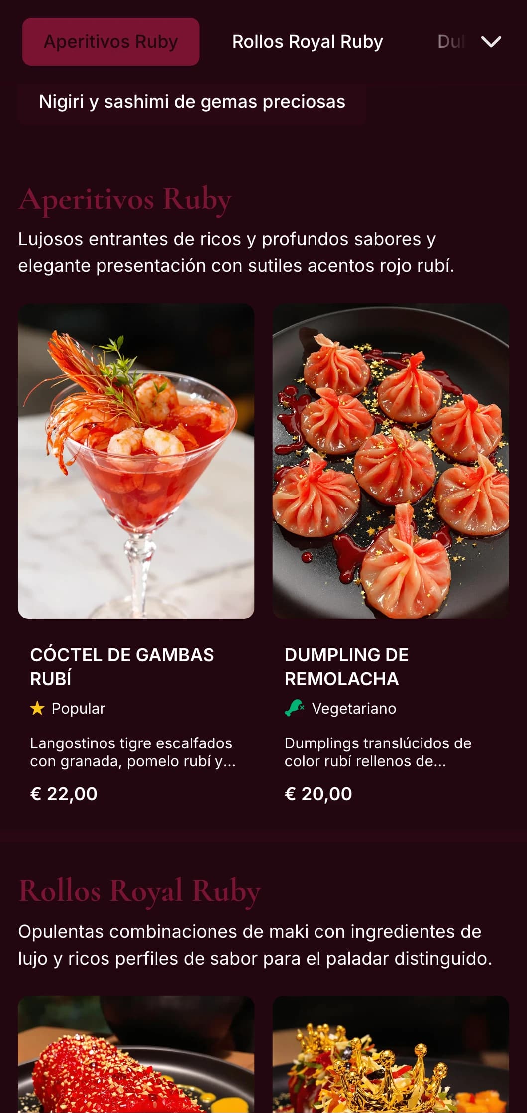 Rico menú de sushi inspirado en el rojo intenso con lujosos tonos rubí para restaurantes de fusión asiática de primera calidad.