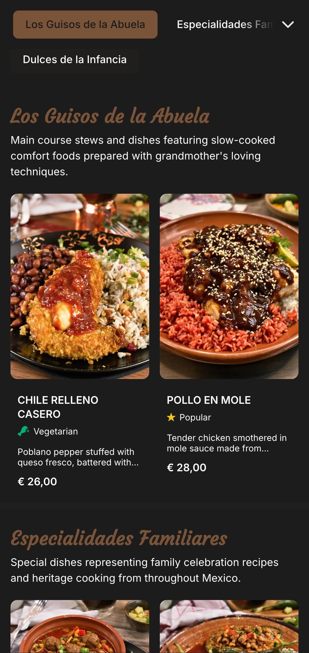Warm and comforting homestyle Mexican menu featuring grandmother's recipes, warm brown accents, and traditional family-style dishes.