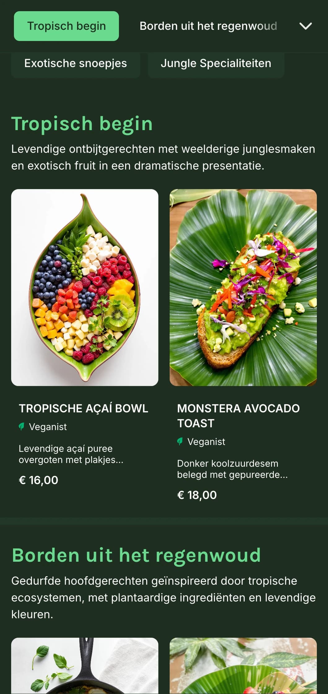 Levendige groene sjabloon met tropische elementen, perfect voor plantaardige cafés en exotische brunchaanbiedingen.