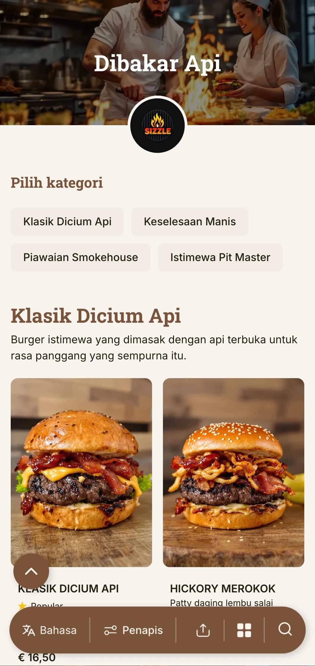 Reka bentuk fokus gril yang berani dengan ton kayu hangat dan aksen nyalaan untuk pengalaman burger panggang arang yang tulen.