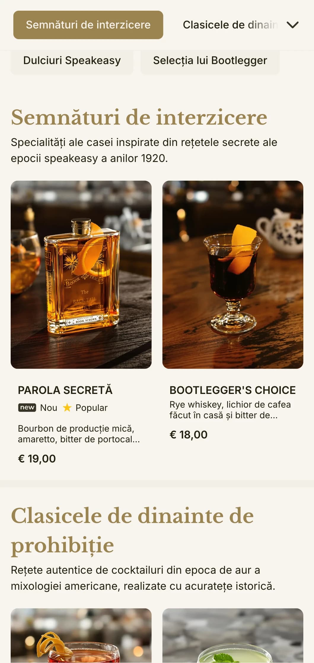 Un design inspirat din era prohibiției pentru barurile cu tematică speakeasy, cu tipografie vintage și accente aurii subtile.