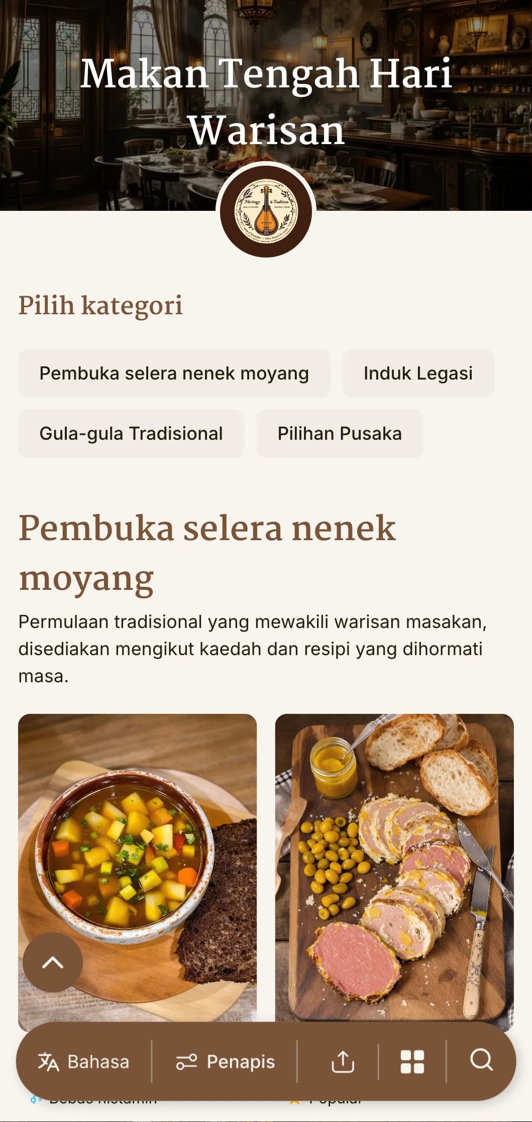 Reka bentuk menu makan tengah hari tradisional yang diilhamkan oleh warisan dengan unsur sejarah dan tipografi abadi, sesuai untuk restoran dan pertubuhan mercu tanda yang mempunyai kepentingan budaya.