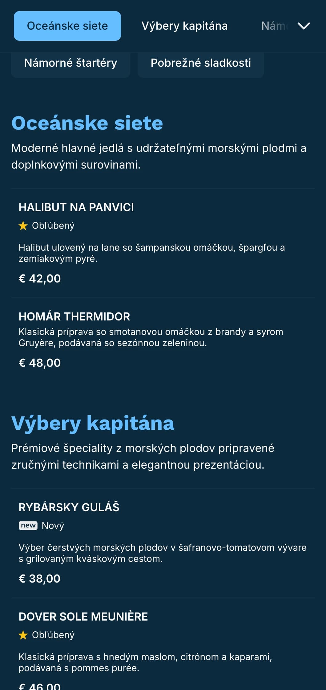Svieže, modro ladené menu s námorníckymi vplyvmi, ideálne pre luxusné reštaurácie s morskými plodmi.