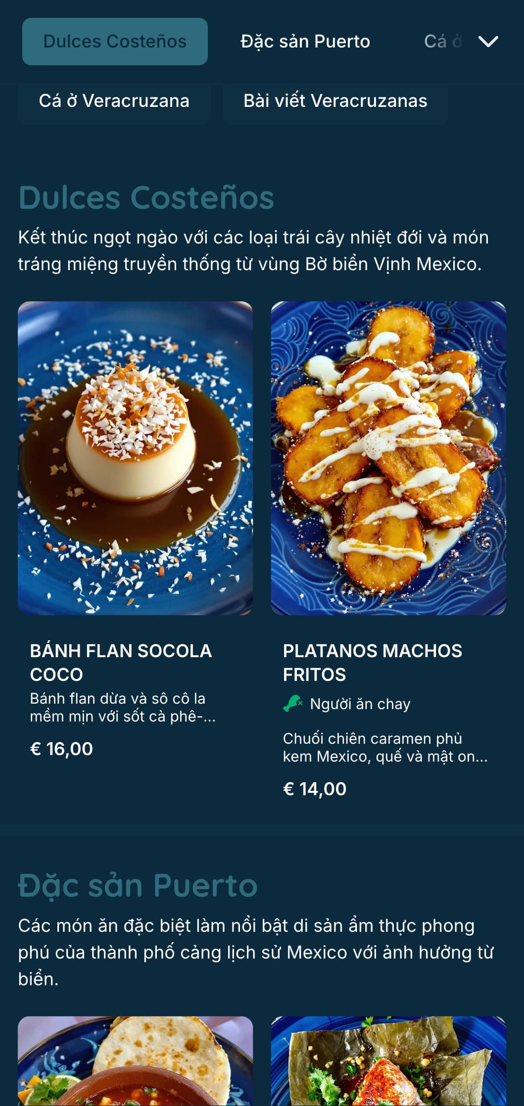 Thực đơn ven biển tươi ngon giới thiệu các đặc sản hải sản Veracruz với điểm nhấn màu ngọc lam, hình ảnh bờ biển và các món cá đặc trưng.