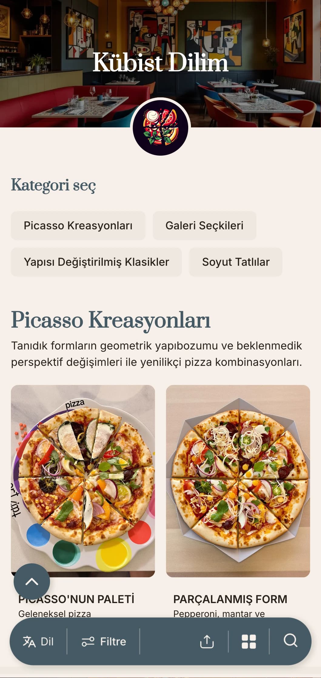 Soyut geometrik öğeler ve sanatsal düzen ile Picasso'dan ilham alan pizza menüsü.