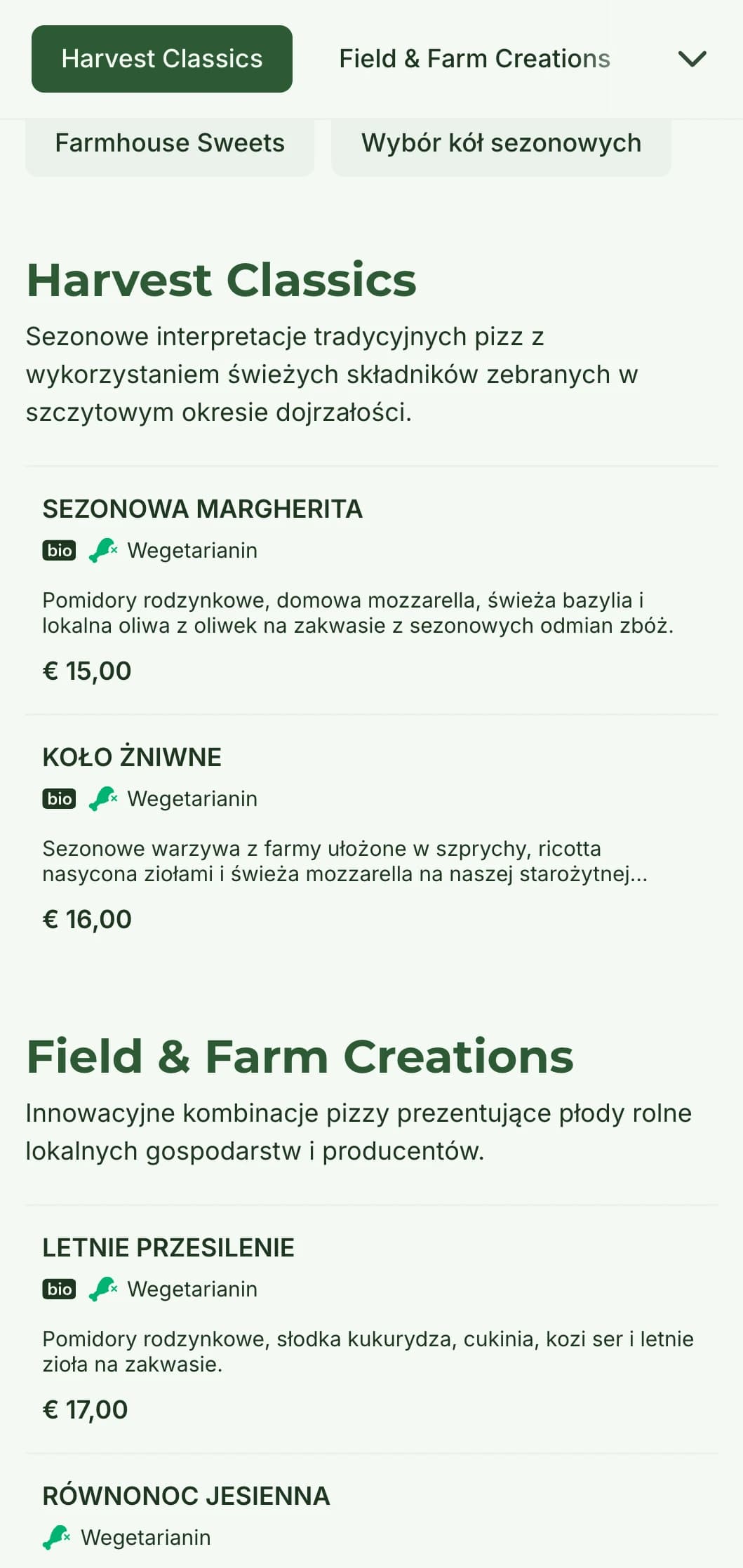 Menu pizzy "od pola do stołu" celebrujące sezonowe składniki i rustykalne przygotowanie.