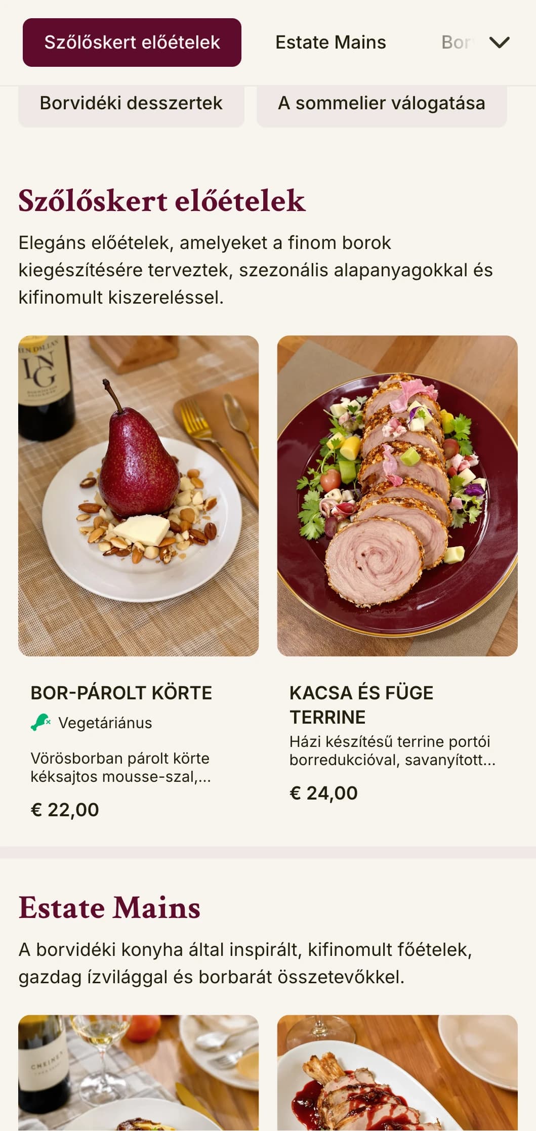 Kifinomult vacsora menü borok által inspirált színekkel és elegáns tipográfiával, amelyet kiterjedt borprogrammal rendelkező létesítmények számára terveztek.