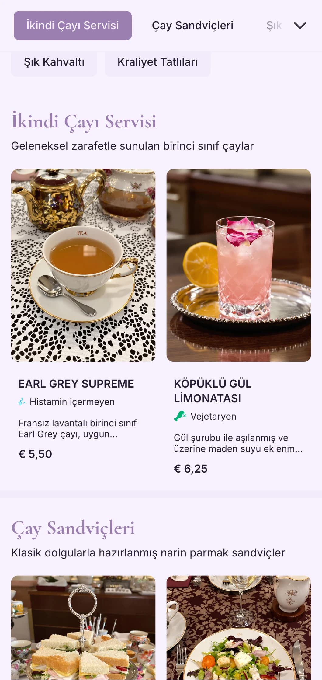 Lüks çay servisleri ve zarif pastane kafeleri için sofistike mor tasarım.