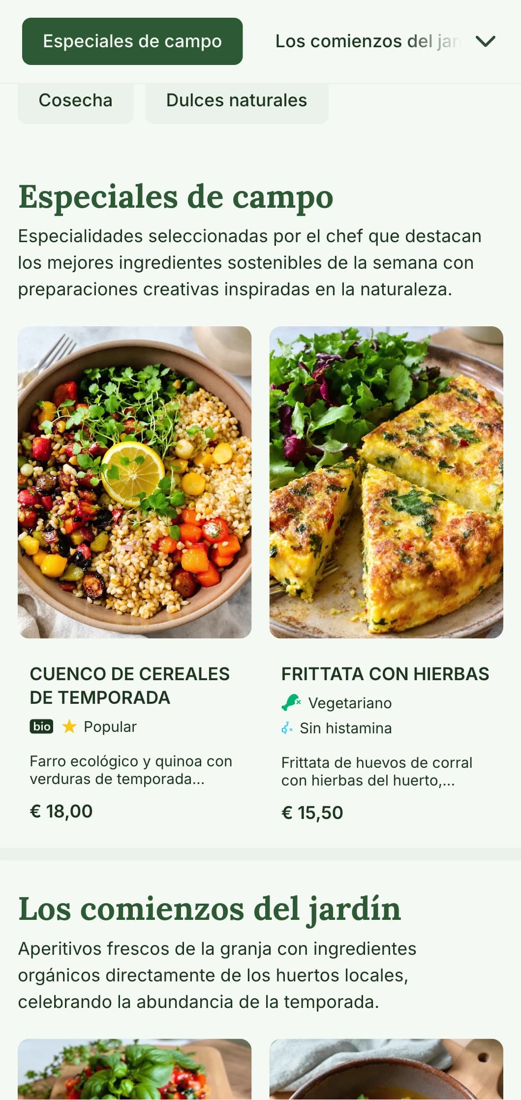 Diseño de menús de mediodía frescos e inspirados en la naturaleza que destacan los ingredientes de temporada y las ofertas de la granja a la mesa, ideales para cafeterías y restaurantes centrados en comidas de mediodía sanas y ecológicas.