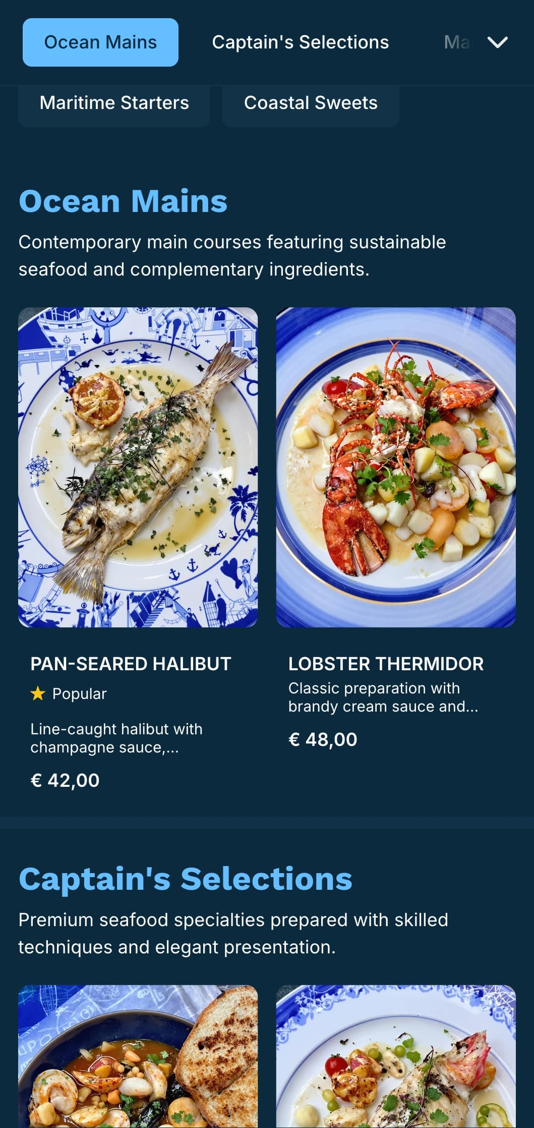 A crisp, blue-toned dinner menu with nautical influences, perfect for upscale seafood restaurants.
