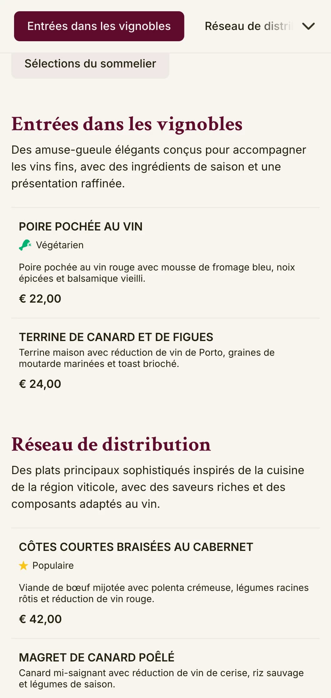 Un menu de dîner sophistiqué avec des couleurs inspirées du vin et une typographie élégante, conçu pour les établissements ayant des programmes de vin étendus.