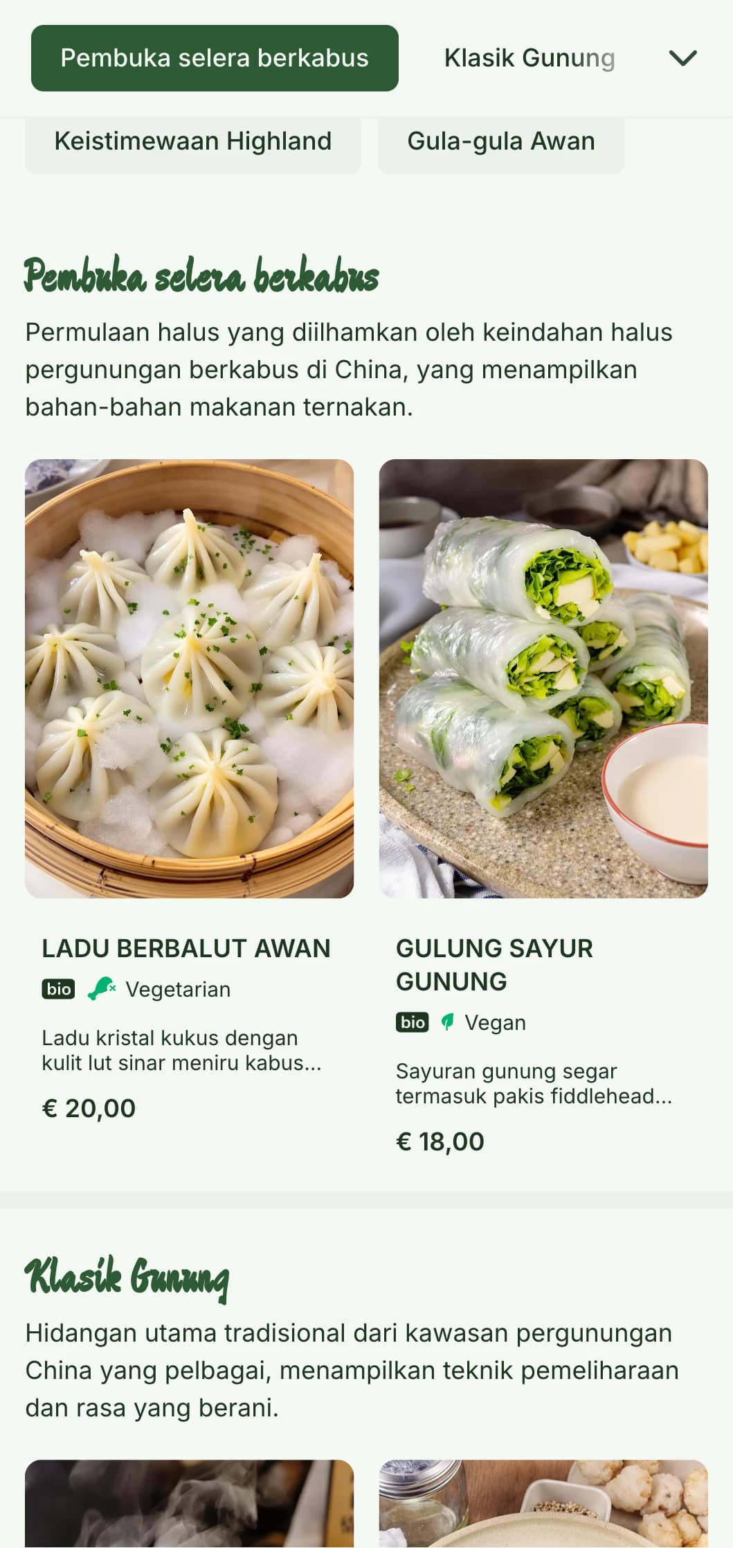Reka bentuk menu Cina tenang yang diilhamkan oleh landskap gunung dan estetika berkabus untuk restoran yang memfokuskan pada masakan serantau.