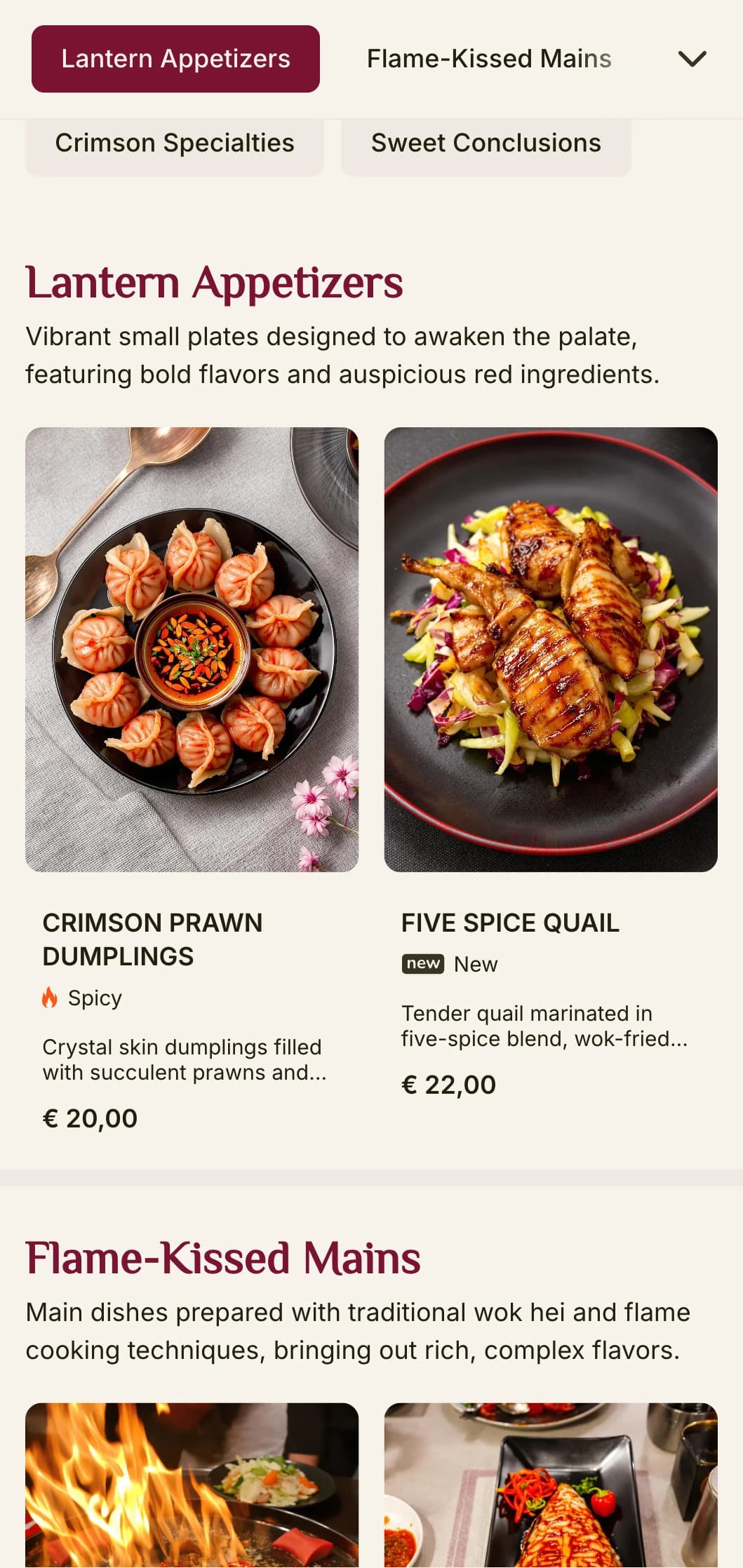 Bold and dramatic Chinese menu design with striking red elements inspired by traditional lanterns, ideal for authentic Chinese dining experiences.
