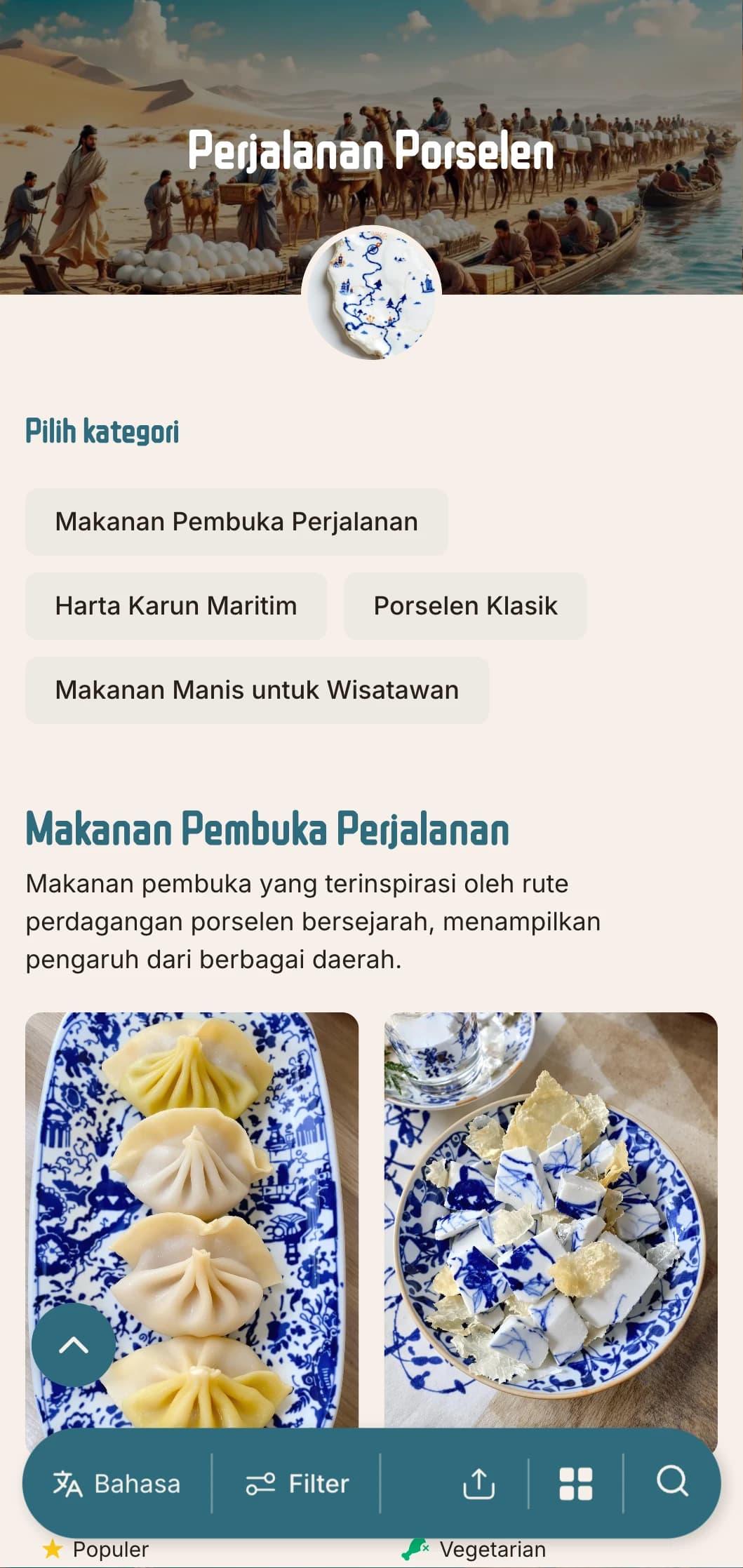 Desain menu Cina yang elegan terinspirasi dari rute perdagangan porselen, dengan elemen historis untuk hidangan otentik.