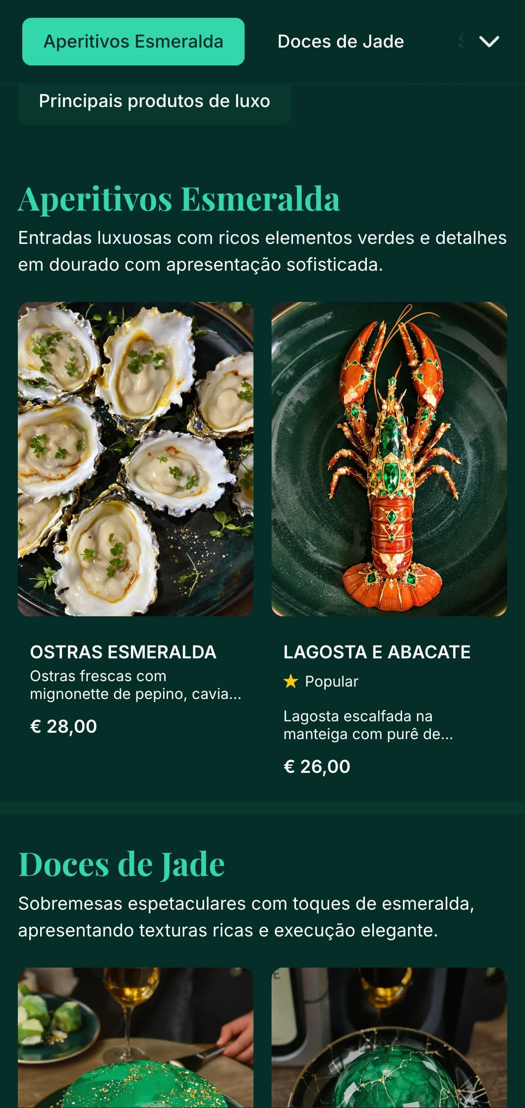 Um luxuoso menu de jantar com ricos tons de esmeralda e detalhes em dourado, projetado para estabelecimentos gastronômicos de luxo.