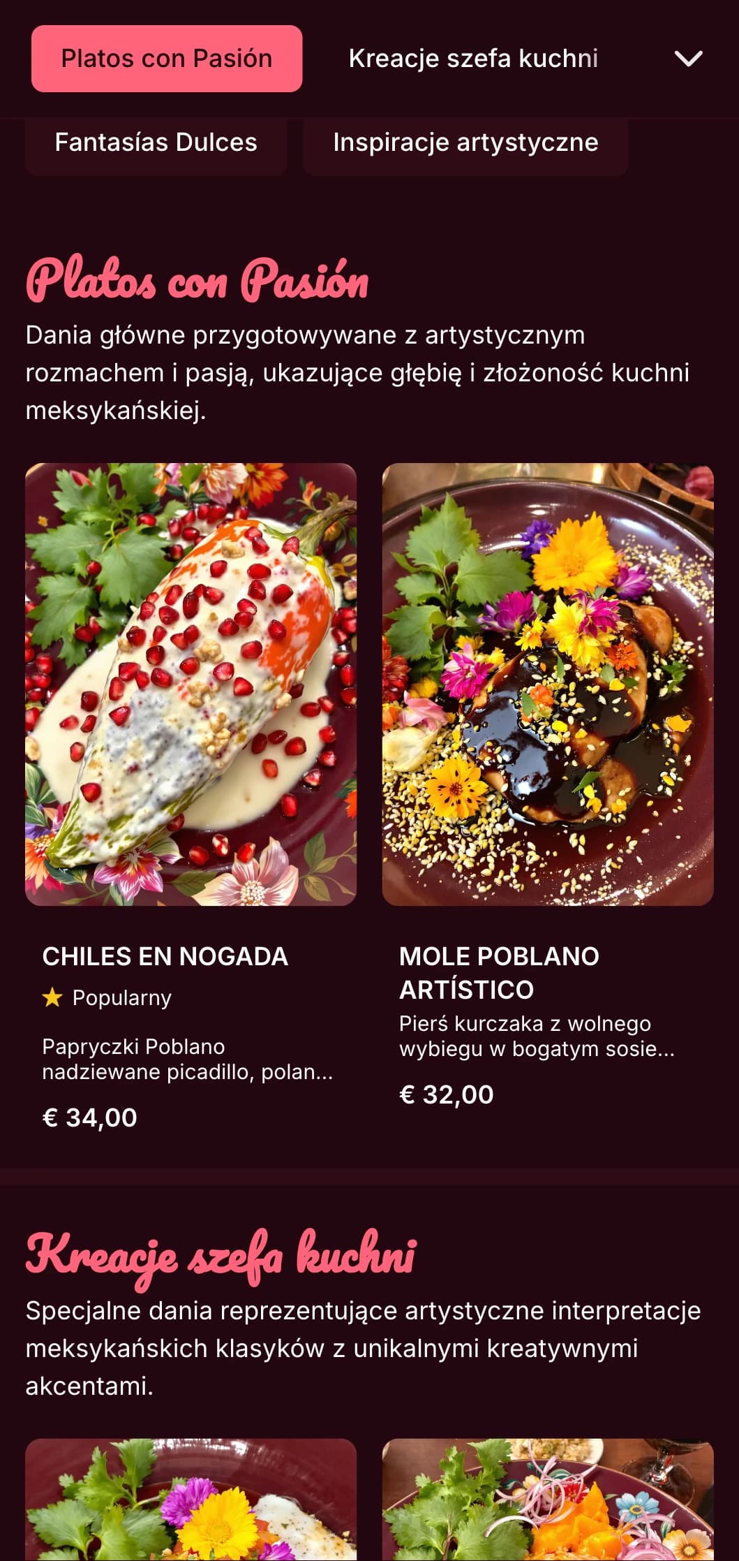 Artystyczne i żywe menu inspirowane Fridą Kahlo z jasnoróżowymi akcentami, kolorowymi meksykańskimi potrawami i kreatywnymi prezentacjami.