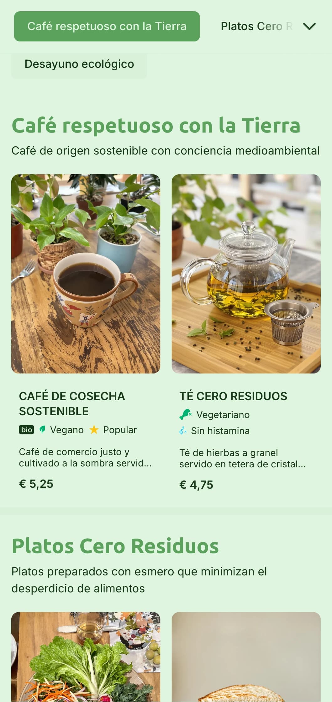 Diseño ecológico que destaca los ingredientes orgánicos para cafeterías y restaurantes ecológicos.