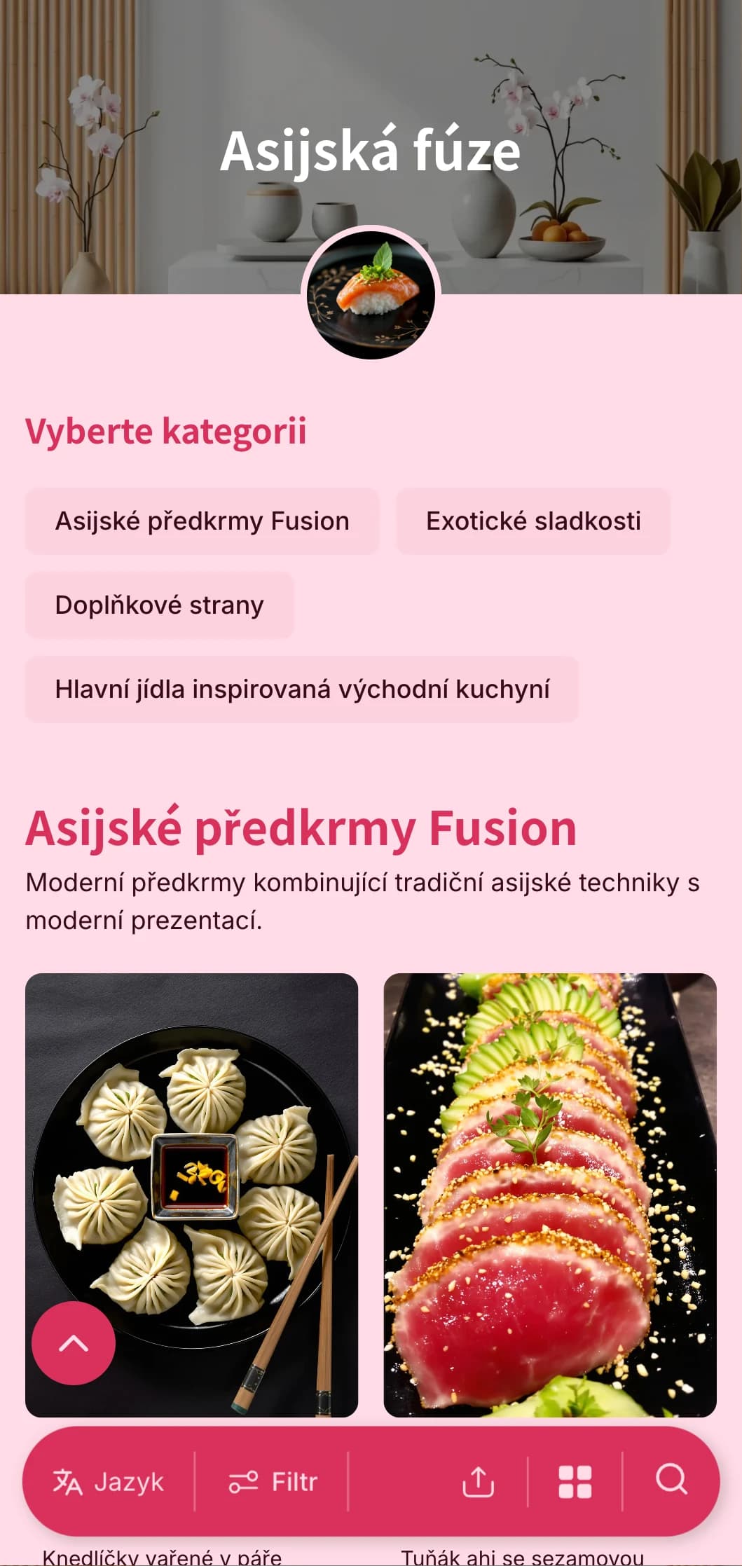 Moderní catering inspirovaný asijskou kuchyní kombinující tradiční postupy s moderní prezentací pro módní akce a mezinárodní setkání.