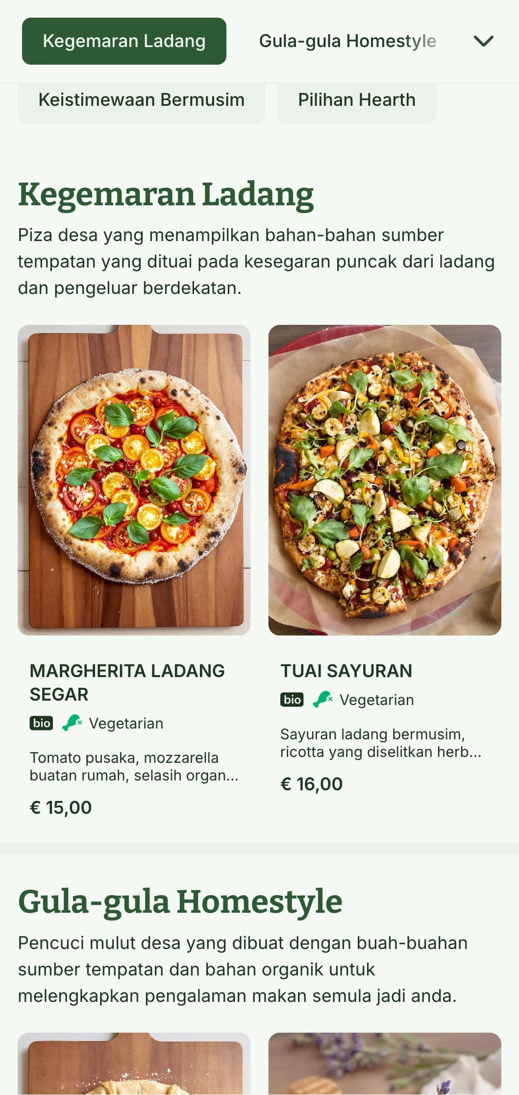 Menu piza berinspirasikan alam semula jadi yang menampilkan rona tanah dan unsur organik, sesuai untuk restoran piza dari ladang ke meja.