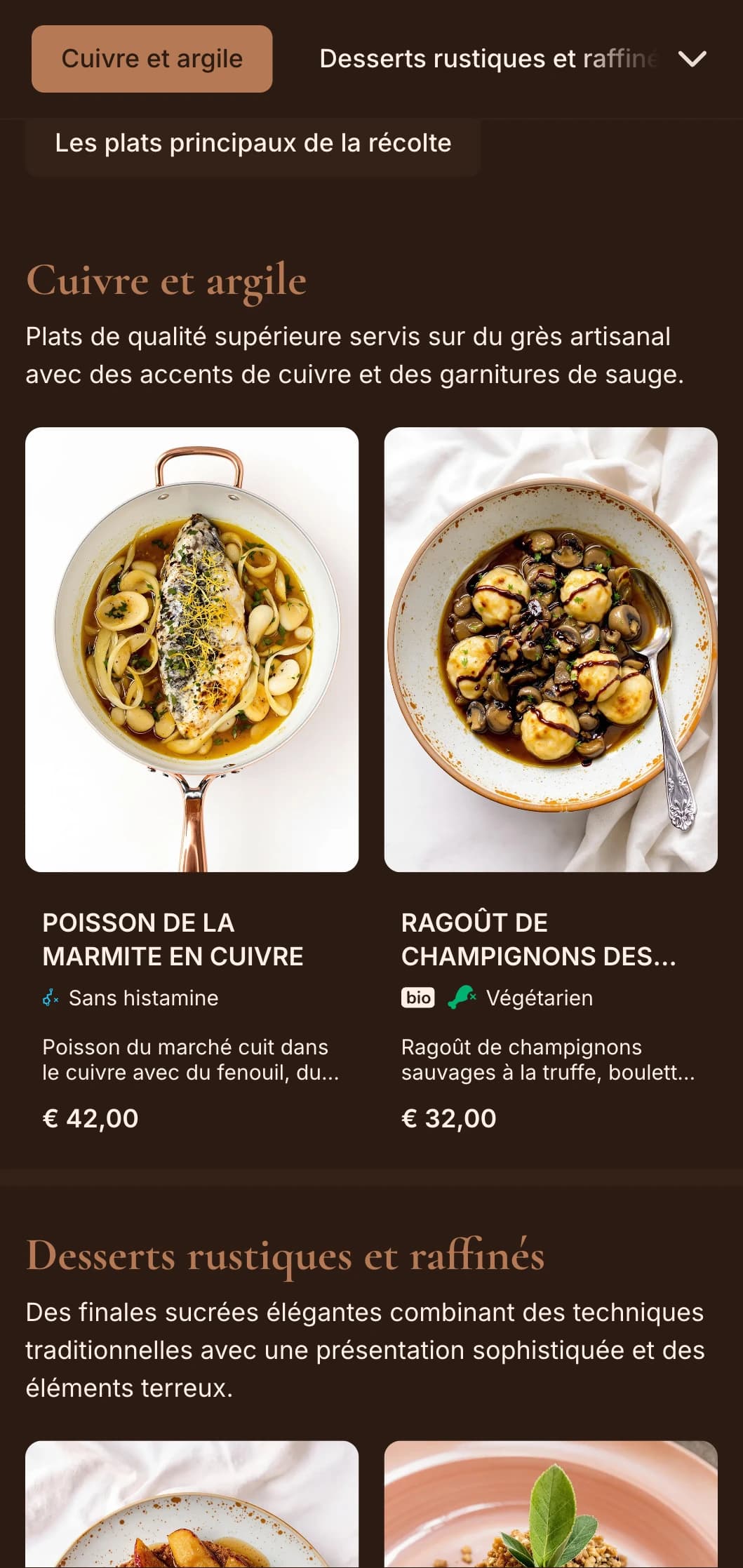 Une élégance rustique raffinée, avec des tons chauds de cuivre et des accents de sauge, parfaite pour des repas raffinés de la ferme à la table et des repas raffinés de saison.