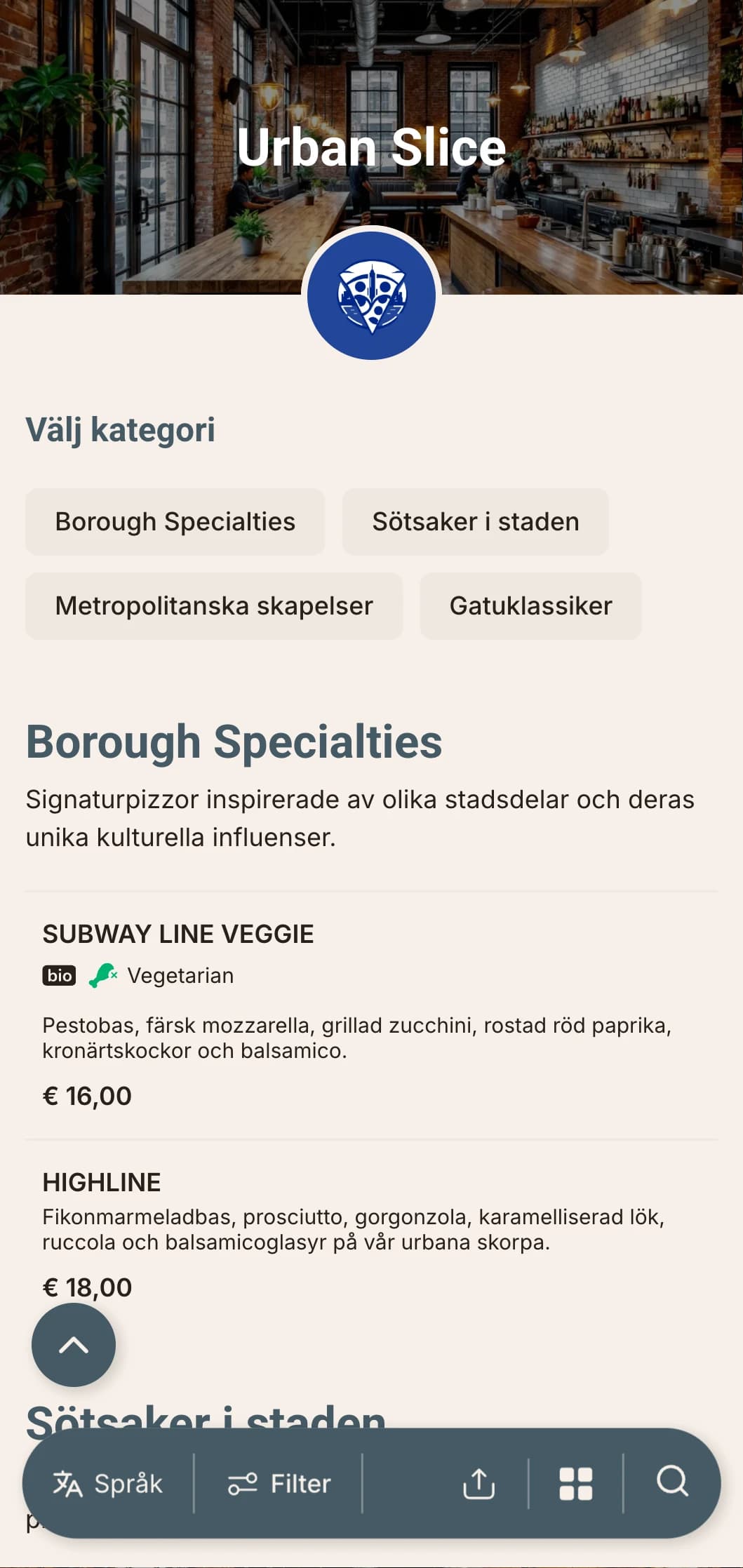 Urban och modern pizzameny med industriella designelement, perfekt för pizzerior i stadskärnan.